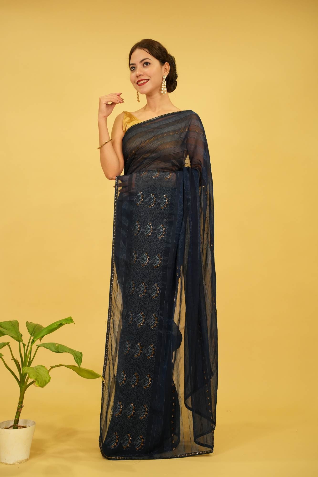 Party Style Deep Blue Soft Georgette With Overall Stone Embellished Ready To Wear Saree