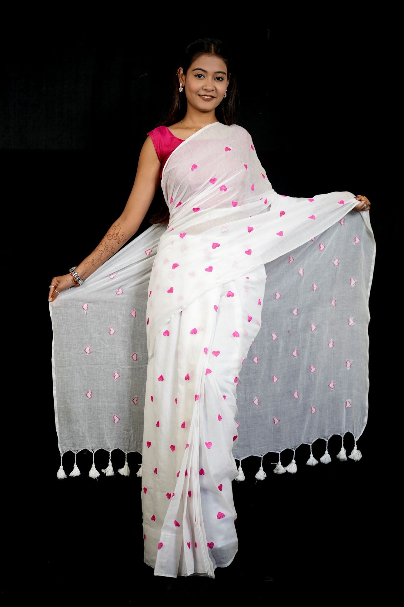 White Mulmul Cotton with Red Floral Embroidery & Tassels Ready To Wear Saree