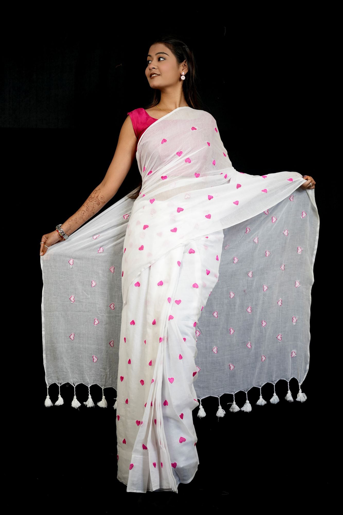 White Mulmul Cotton with Red Floral Embroidery & Tassels Ready To Wear Saree