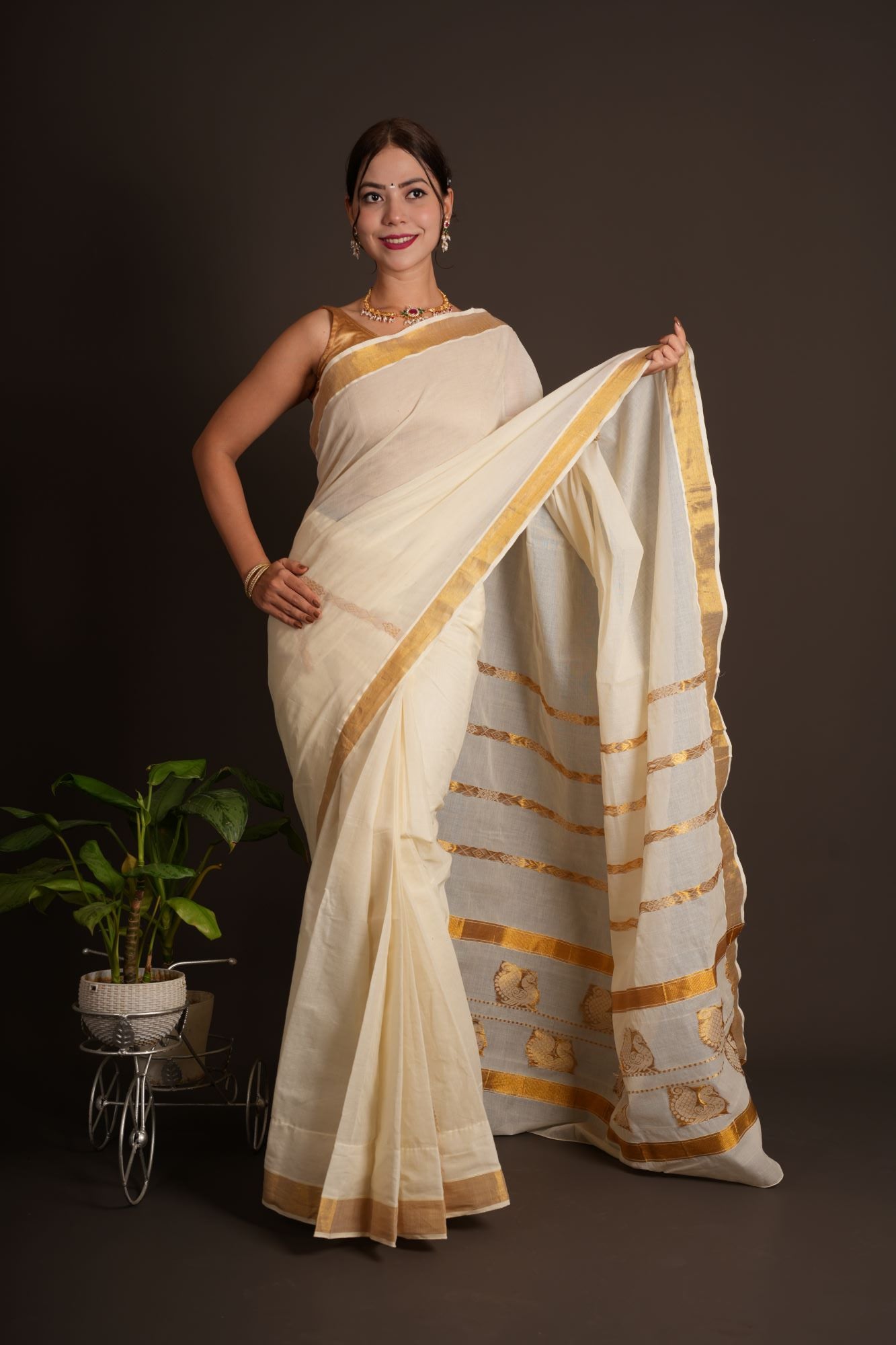 Kerala Kasavu with zari border wrap in 1 minute saree