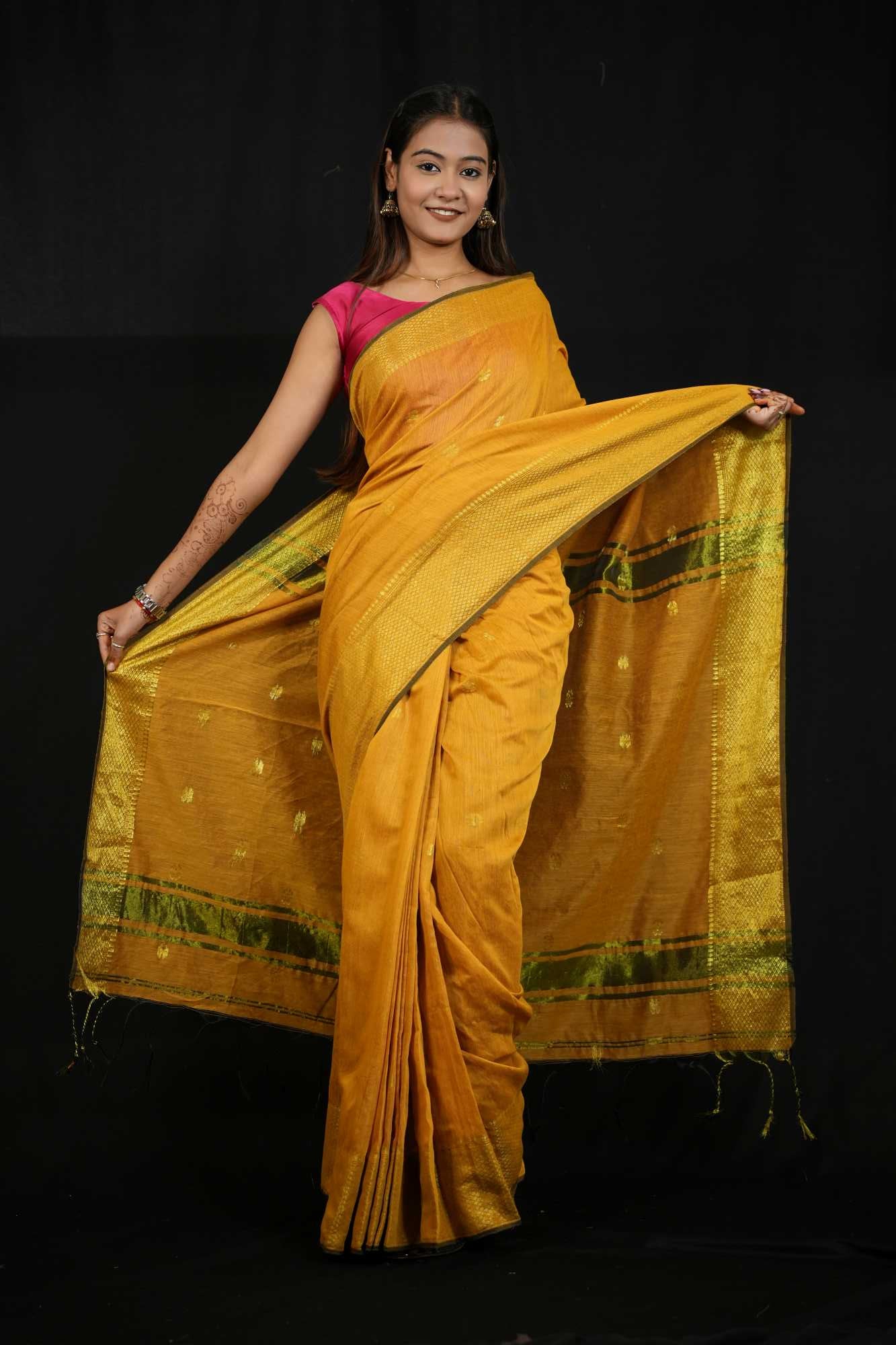 Ready To Wear Cotton Silk saree with All-Over Golden Butta , Maheshwari weave & Zari Weaving on Border