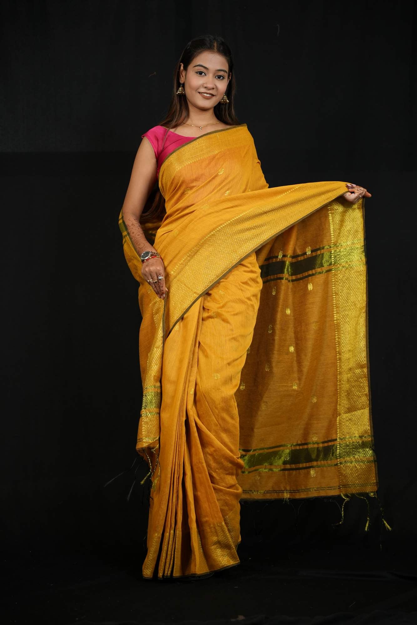 Ready To Wear Cotton Silk saree with All-Over Golden Butta , Maheshwari weave & Zari Weaving on Border