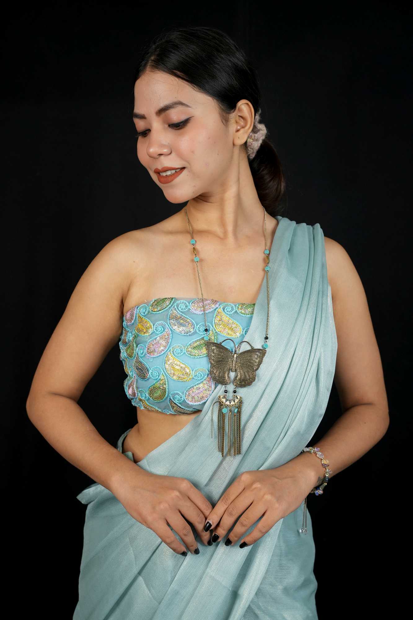 Ready to wear party wear saree in georgette with embroidered blouse piece