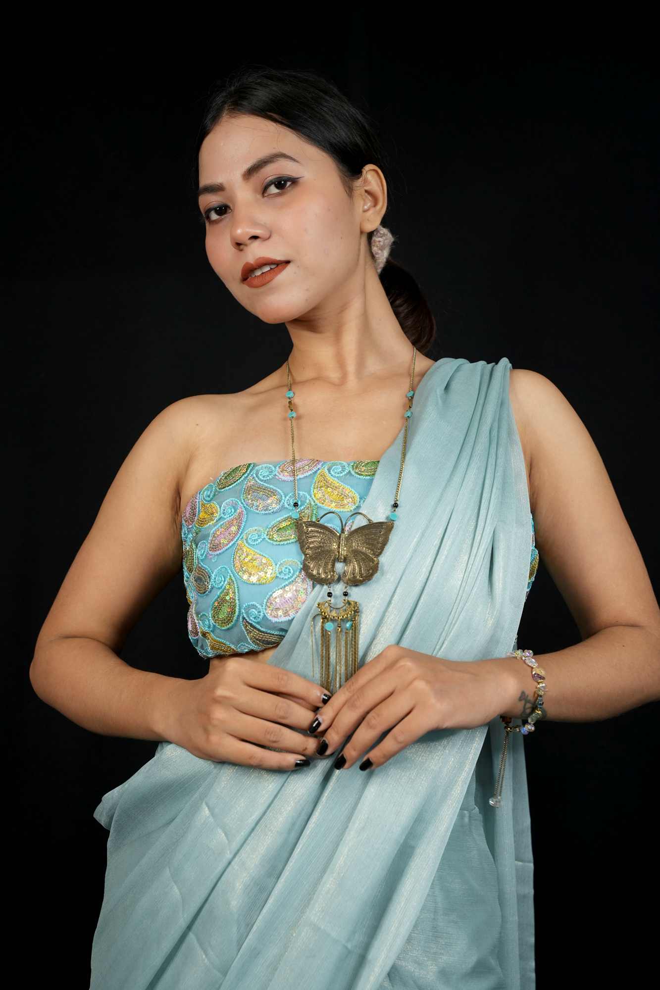 Ready to wear party wear saree in georgette with embroidered blouse piece