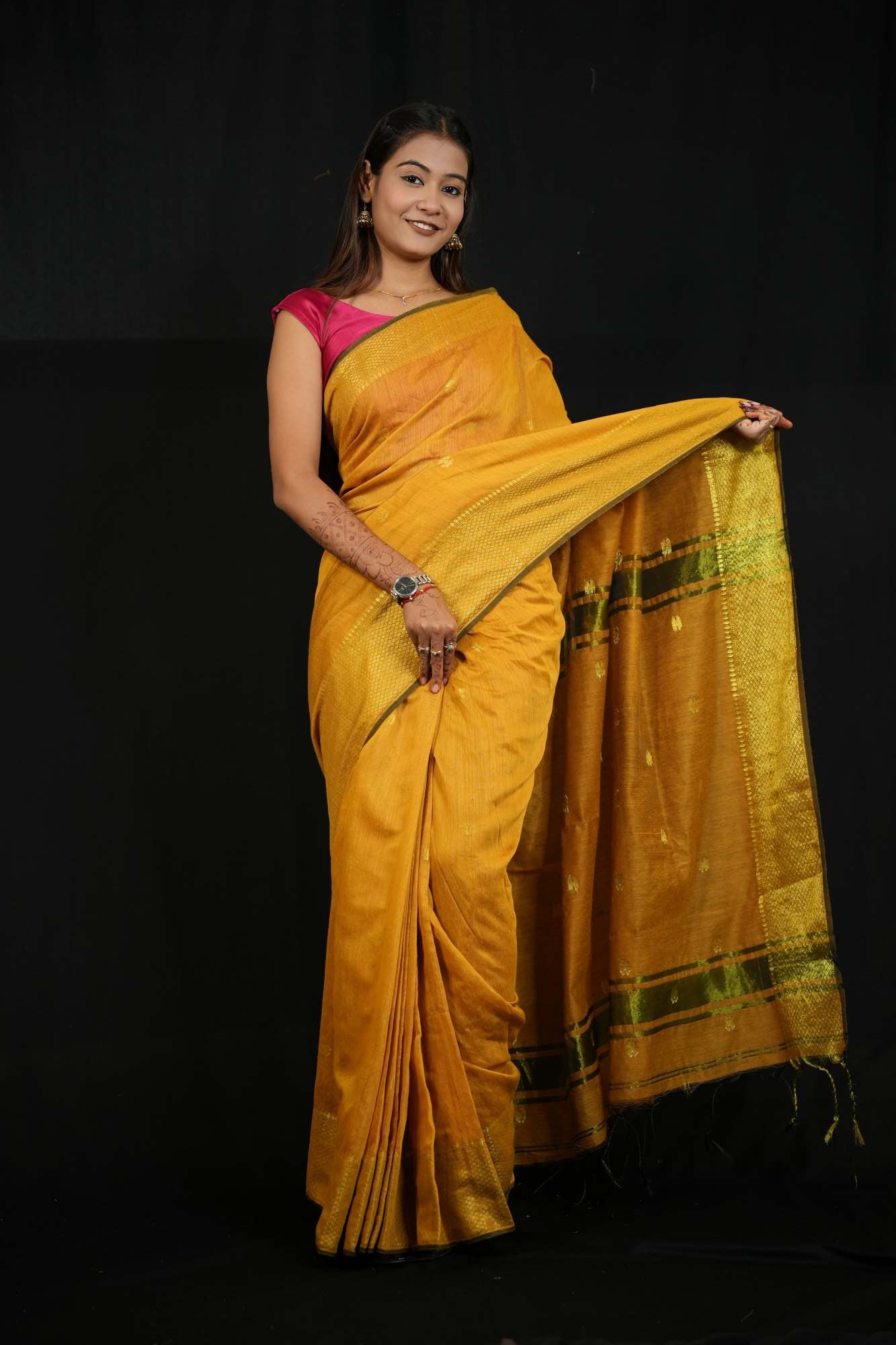 Ready To Wear Cotton Silk saree with All-Over Golden Butta , Maheshwari weave & Zari Weaving on Border