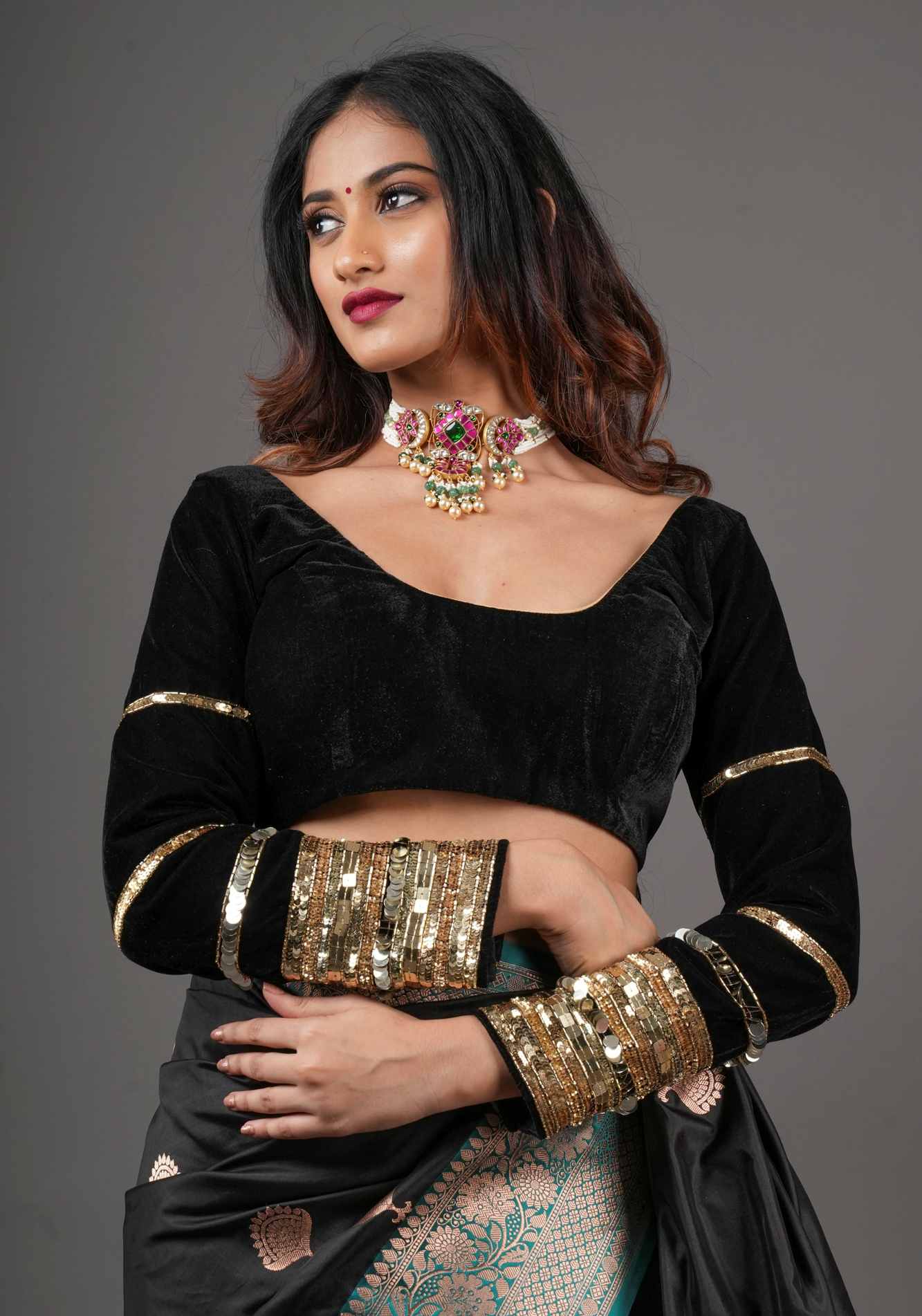Black velvet with sequin handwork cuff Blouse, rounded V neckline, Made to Order