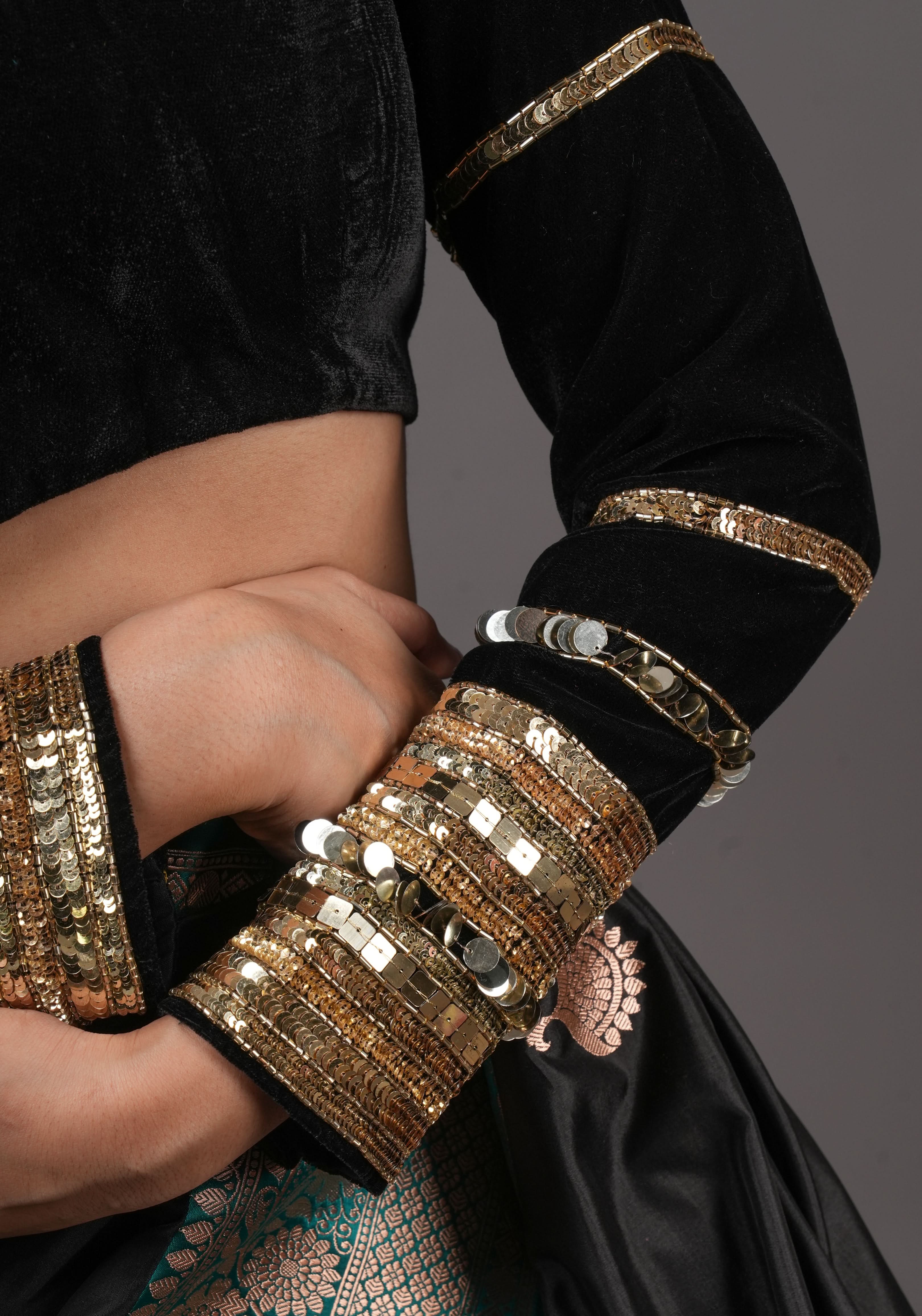 Black velvet with sequin handwork cuff Blouse, rounded V neckline,  Made to Order | Shobitam