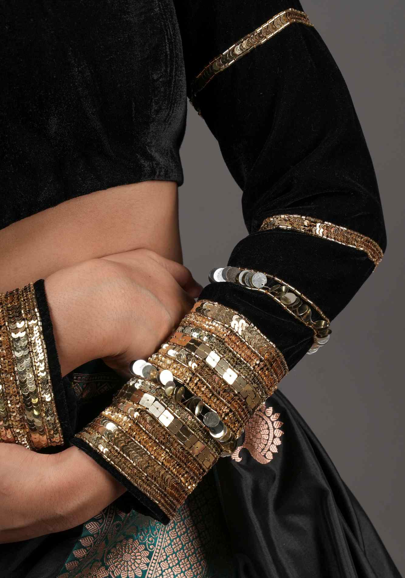 Black velvet with sequin handwork cuff Blouse, rounded V neckline, Made to Order