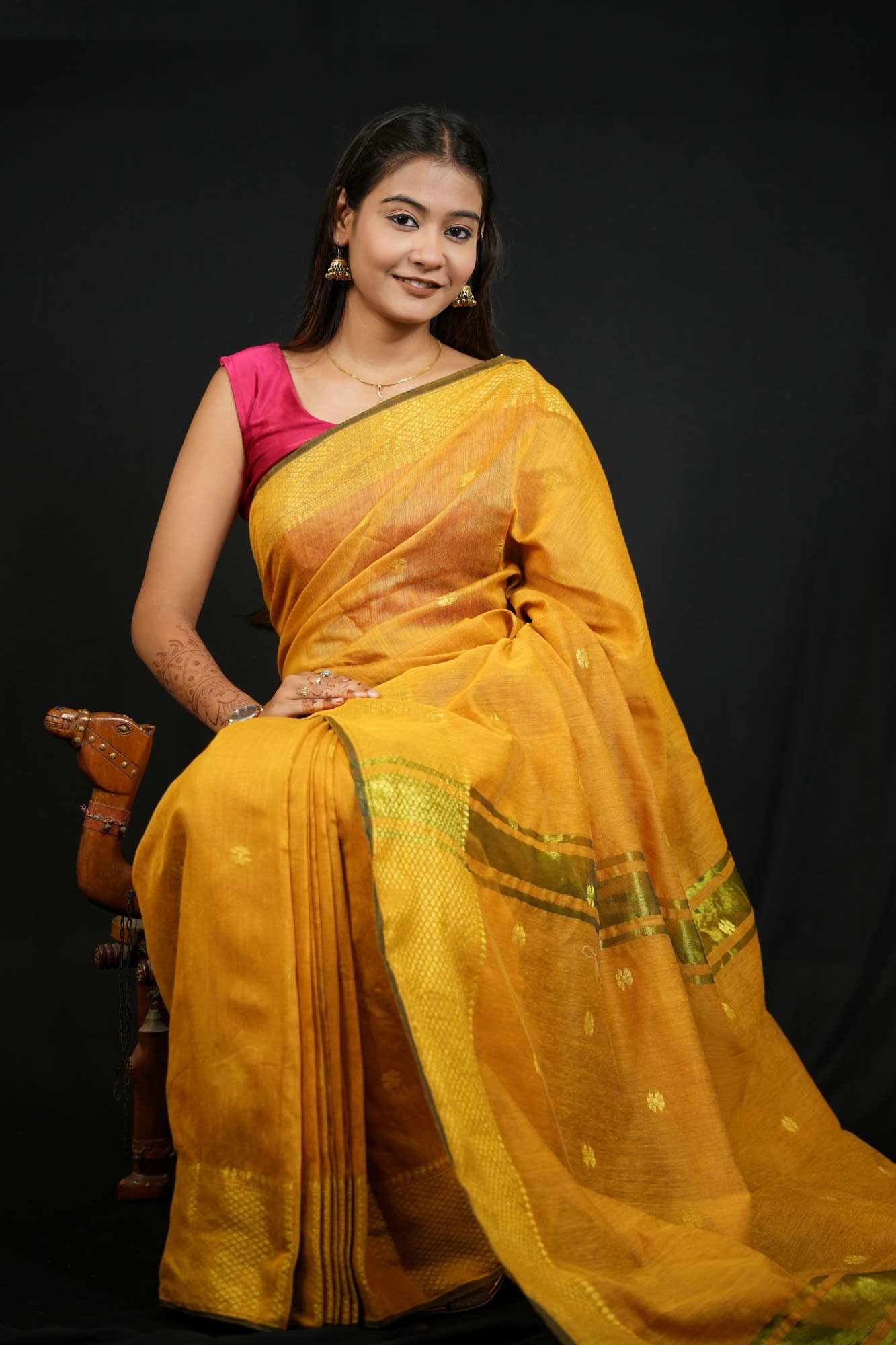 Ready To Wear Cotton Silk saree with All-Over Golden Butta , Maheshwari weave & Zari Weaving on Border