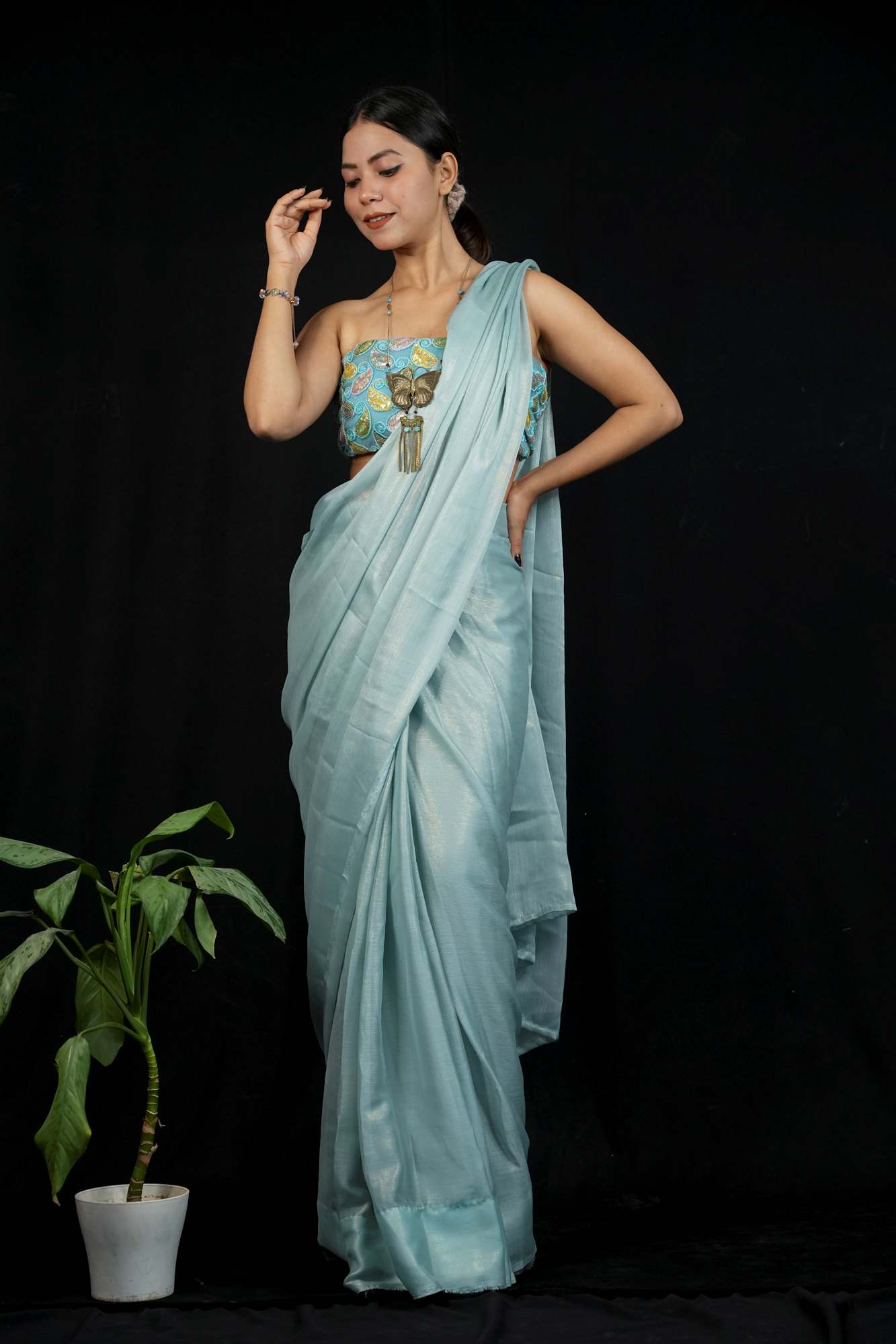 Ready to wear party wear saree in georgette with embroidered blouse piece