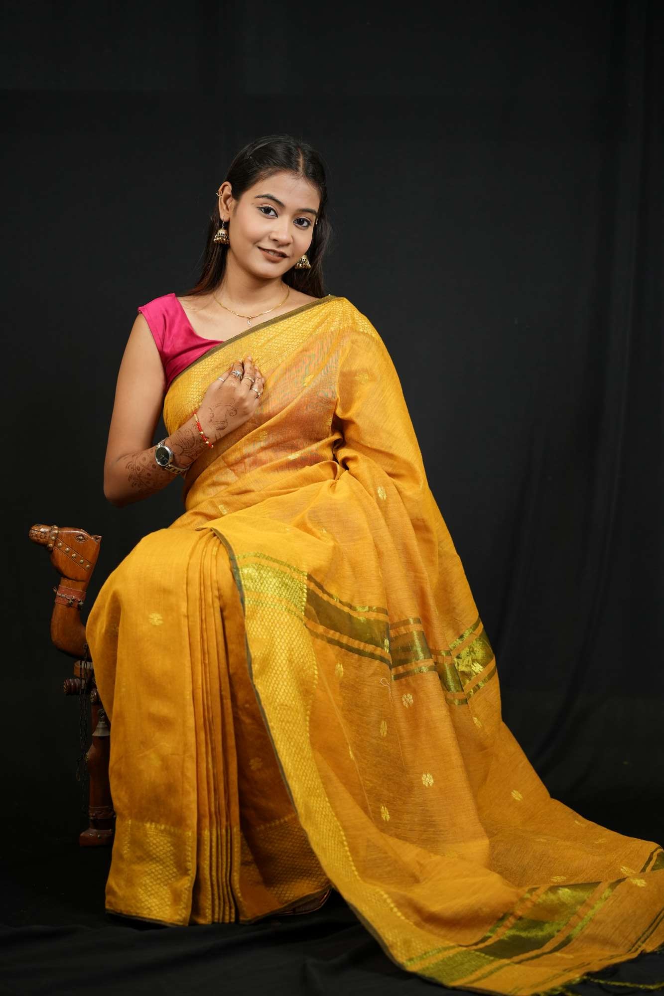 Ready To Wear Cotton Silk saree with All-Over Golden Butta , Maheshwari weave & Zari Weaving on Border