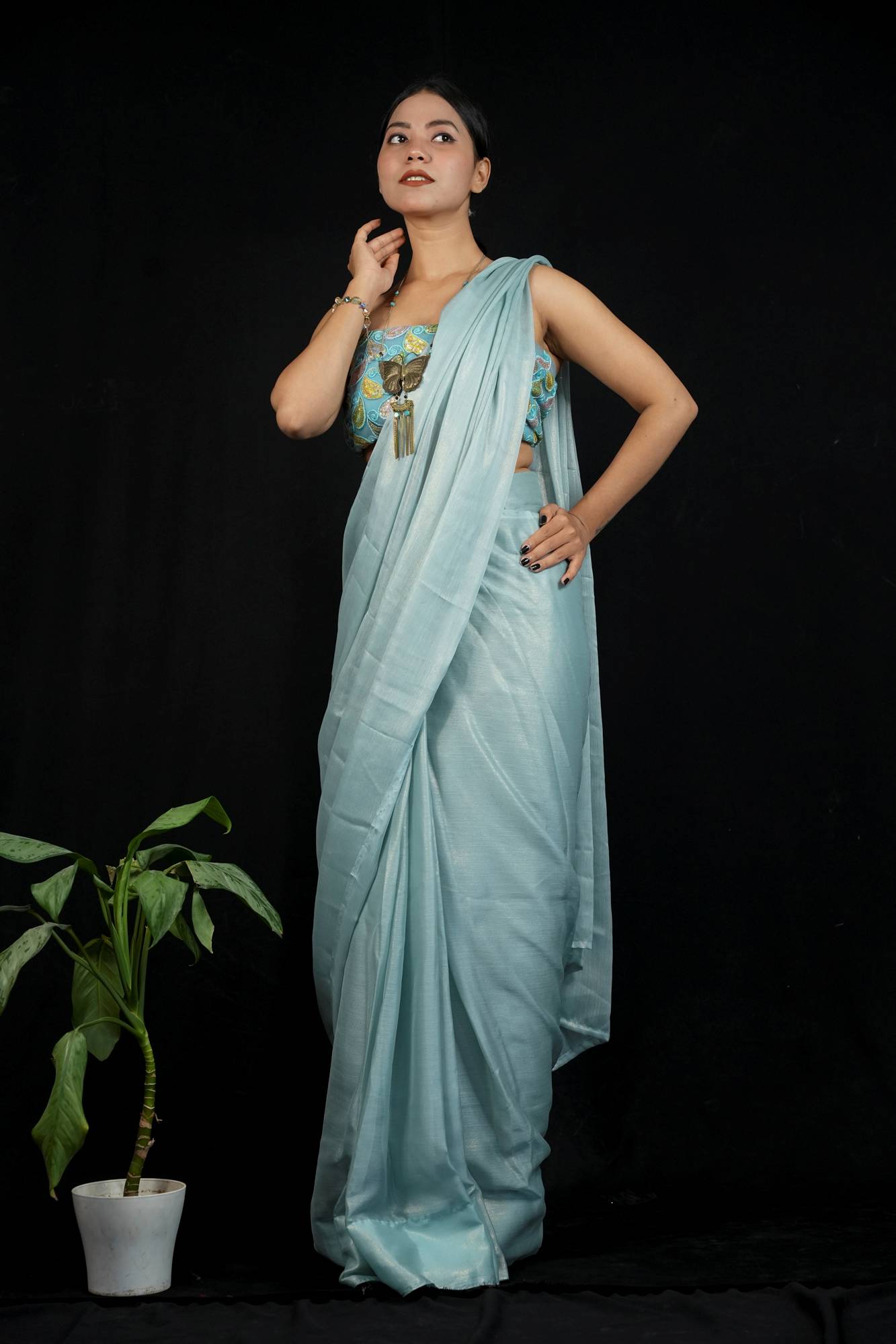Ready to wear party wear saree in georgette with embroidered blouse piece