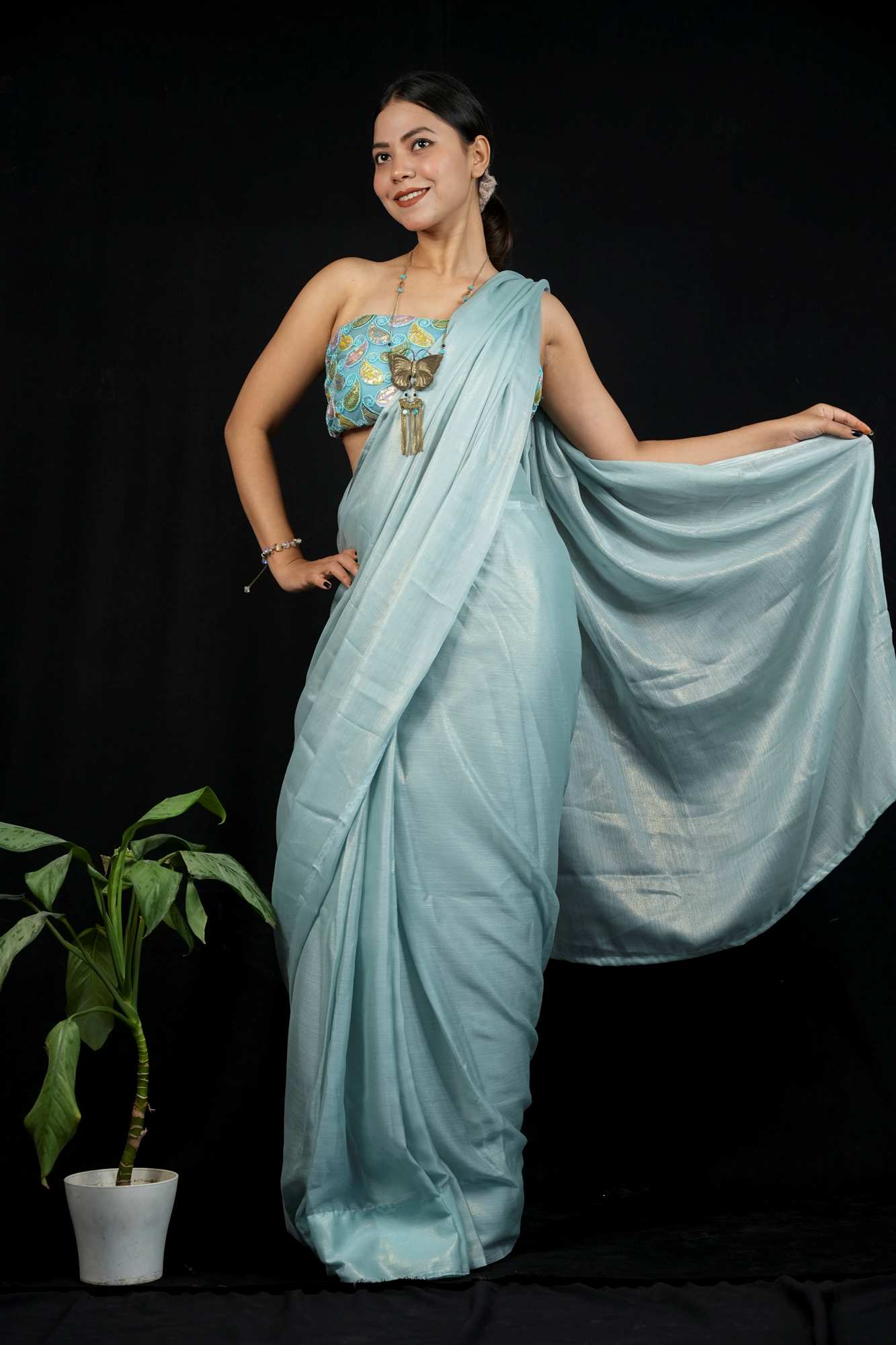 Ready to wear party wear saree in georgette with embroidered blouse piece