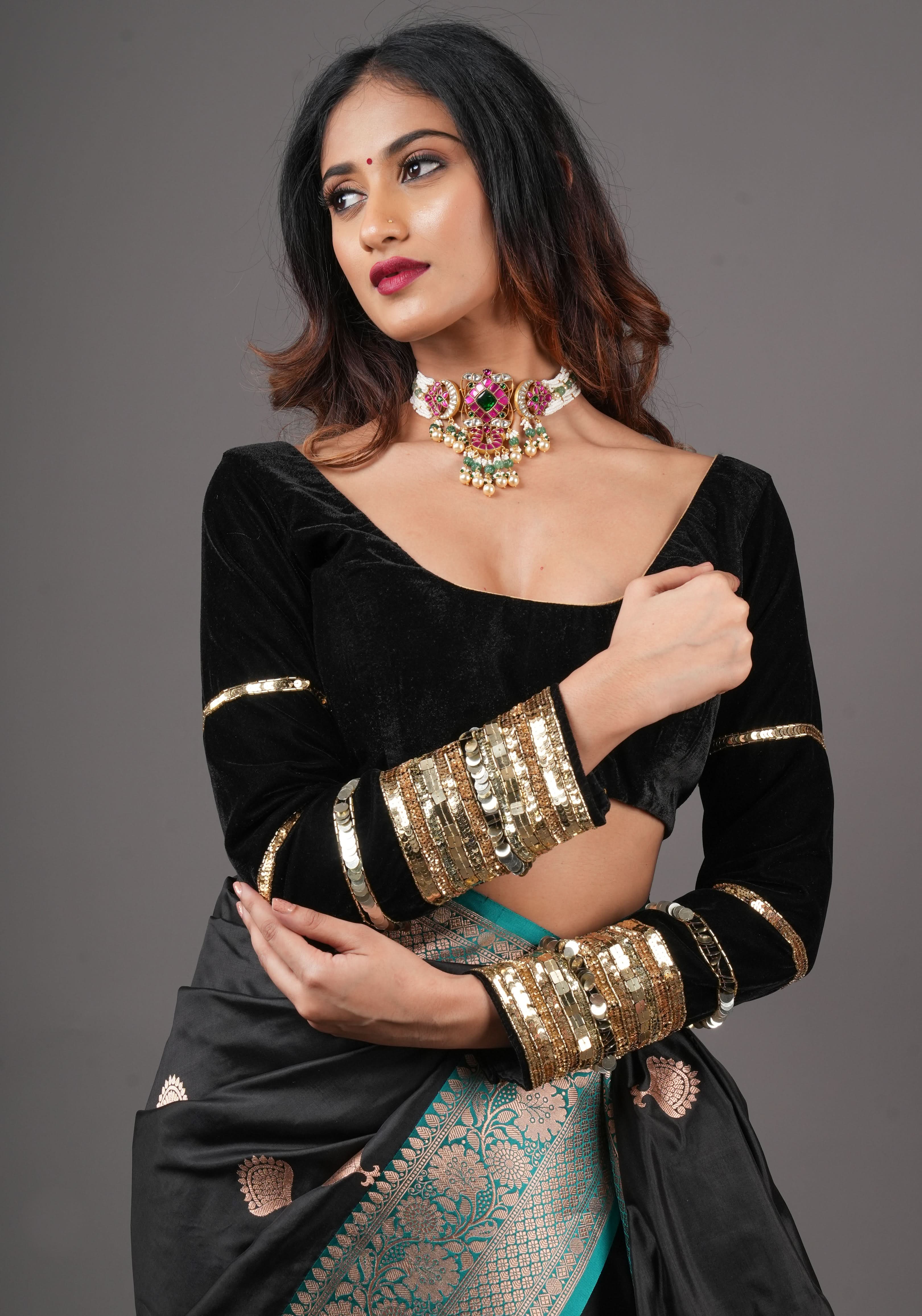 Black velvet with sequin handwork cuff Blouse, rounded V neckline,  Made to Order | Shobitam