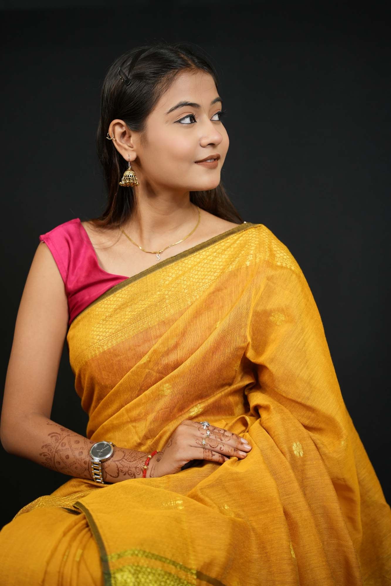 Ready To Wear Cotton Silk saree with All-Over Golden Butta , Maheshwari weave & Zari Weaving on Border