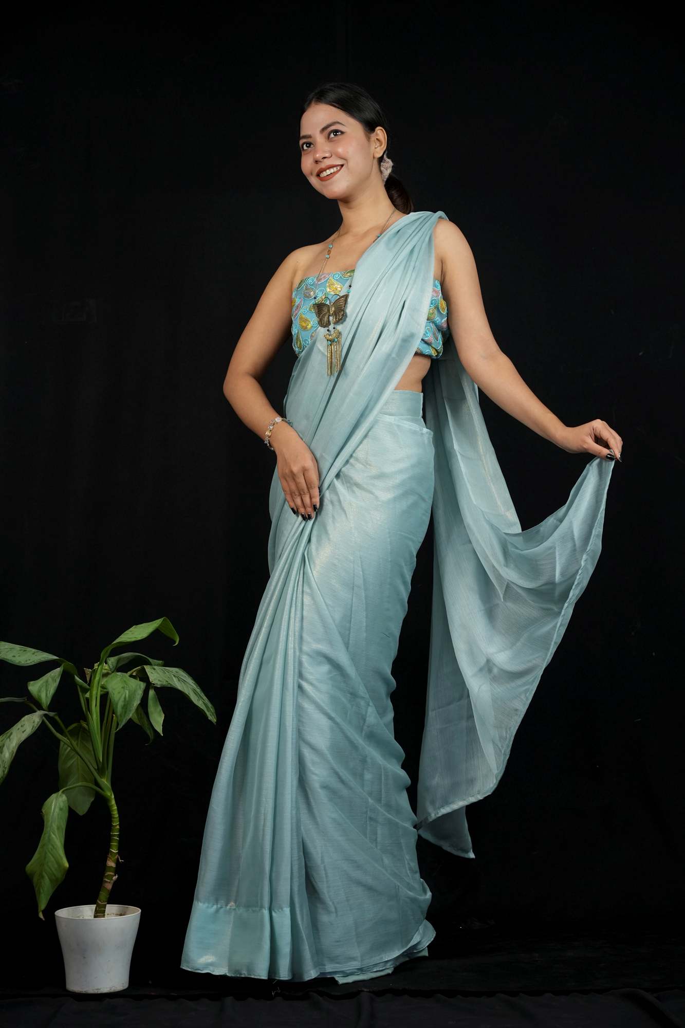 Ready to wear party wear saree in georgette with embroidered blouse piece