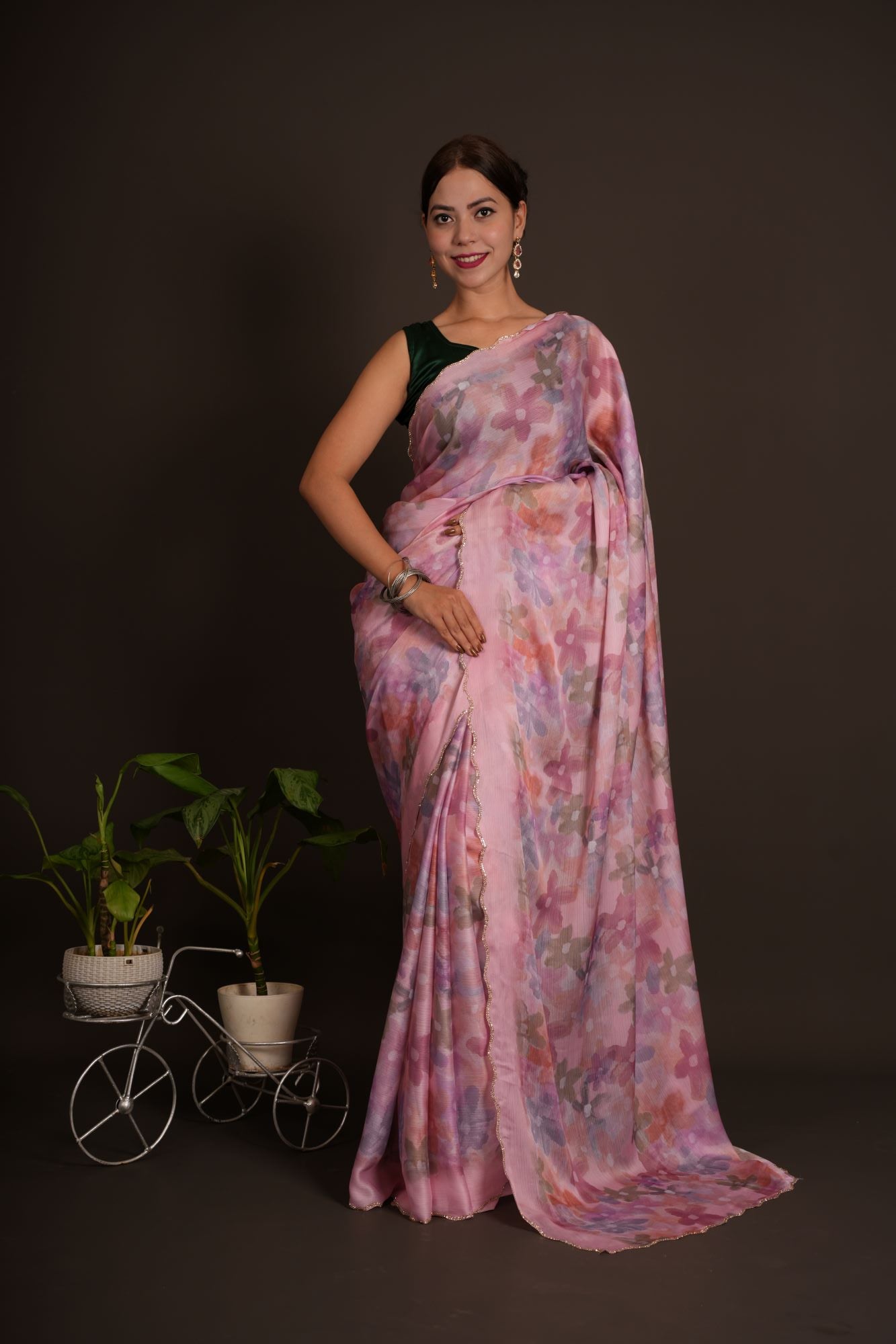 Beautiful Multi Floral Printed With Stone Embellished Border Ready To Wear saree