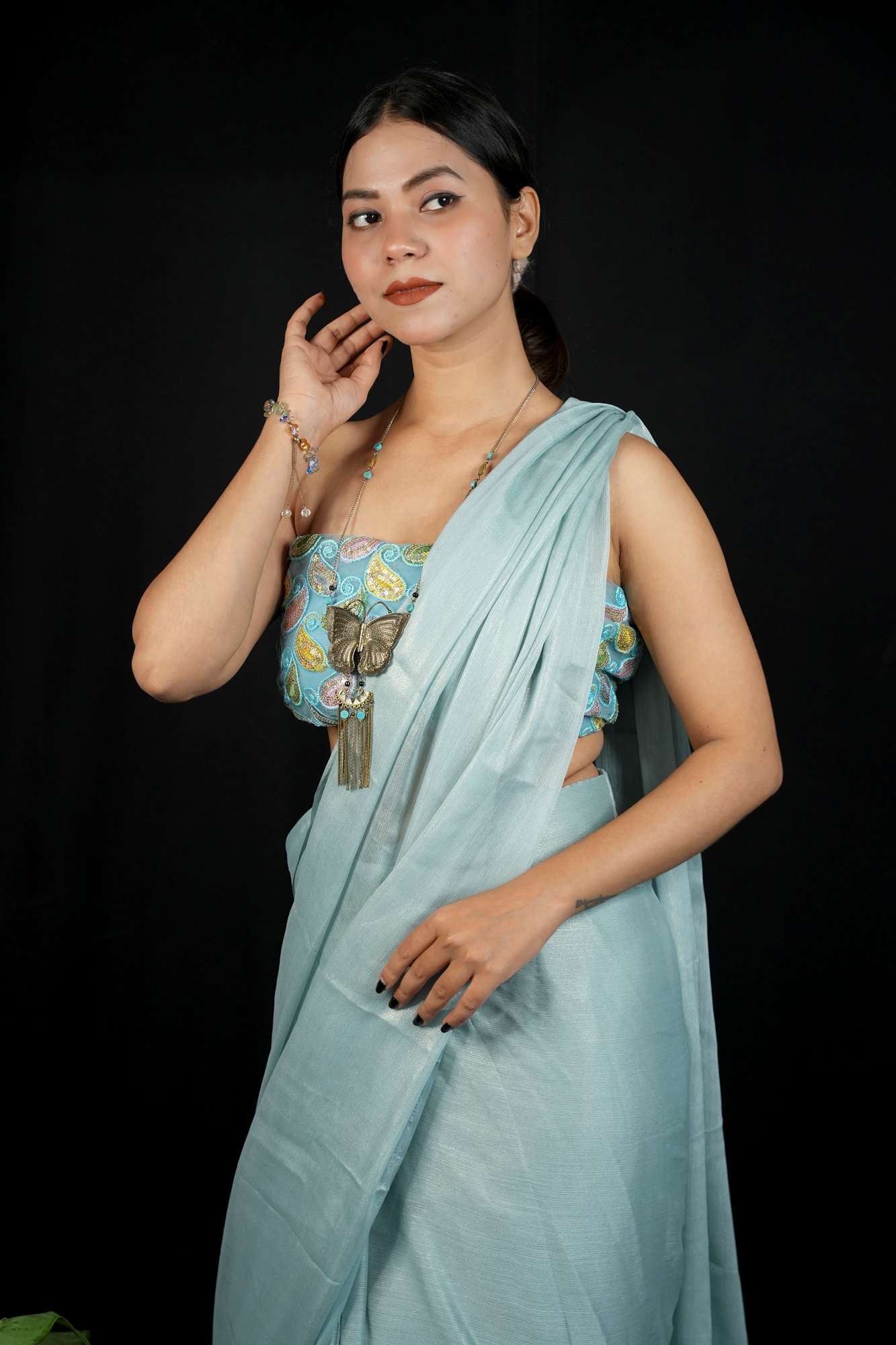 Ready to wear party wear saree in georgette with embroidered blouse piece