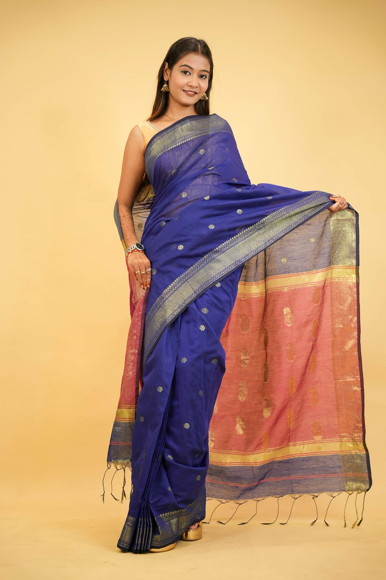 Cotton Silk with Combination of Blue and Pink in golden accents & Maheshwari pattern Wrap in 1 Minute Saree