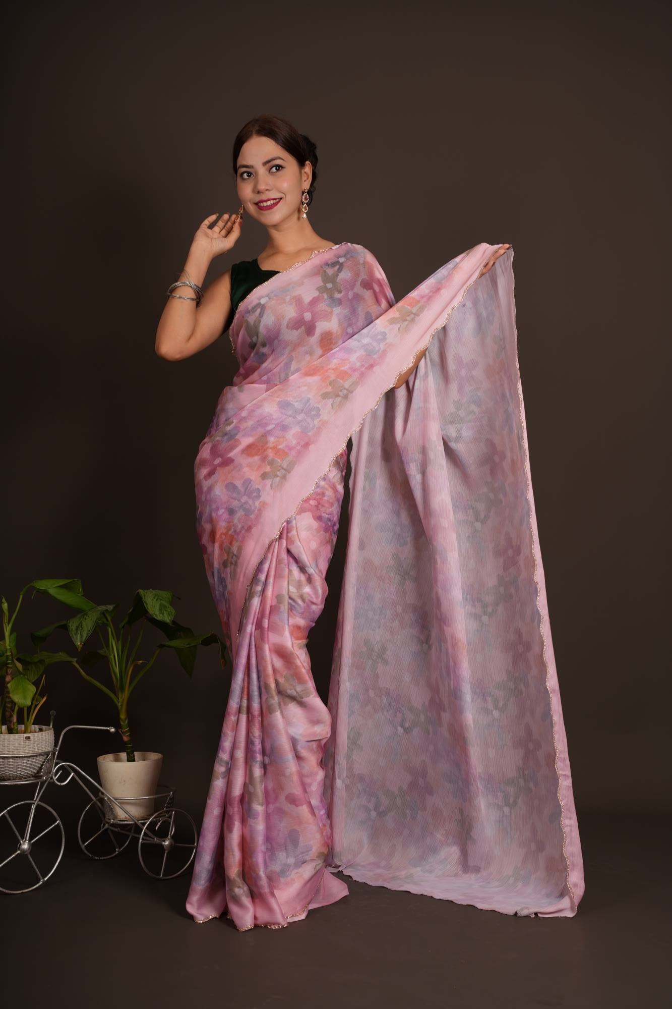 Beautiful Multi Floral Printed With Stone Embellished Border Ready To Wear saree