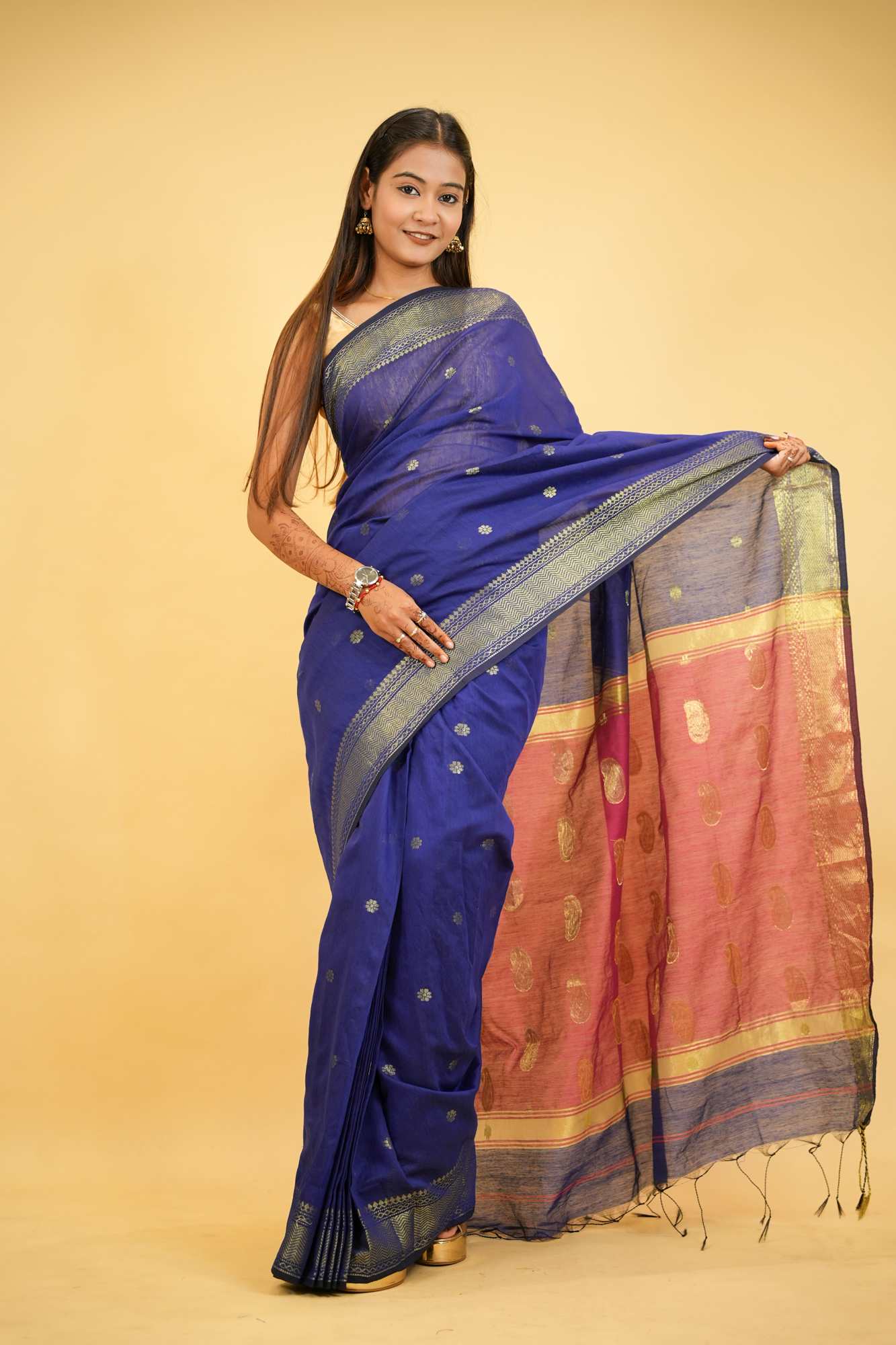 Cotton Silk with Combination of Blue and Pink in golden accents & Maheshwari pattern Wrap in 1 Minute Saree