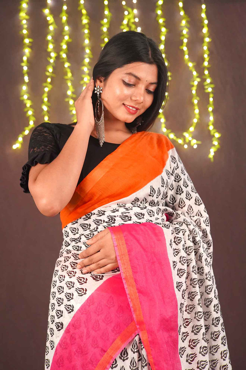 Ready to wear Handblock Printed With Pink & Orange Pallu one minute ready made saree and readymade blouse - Isadora Life