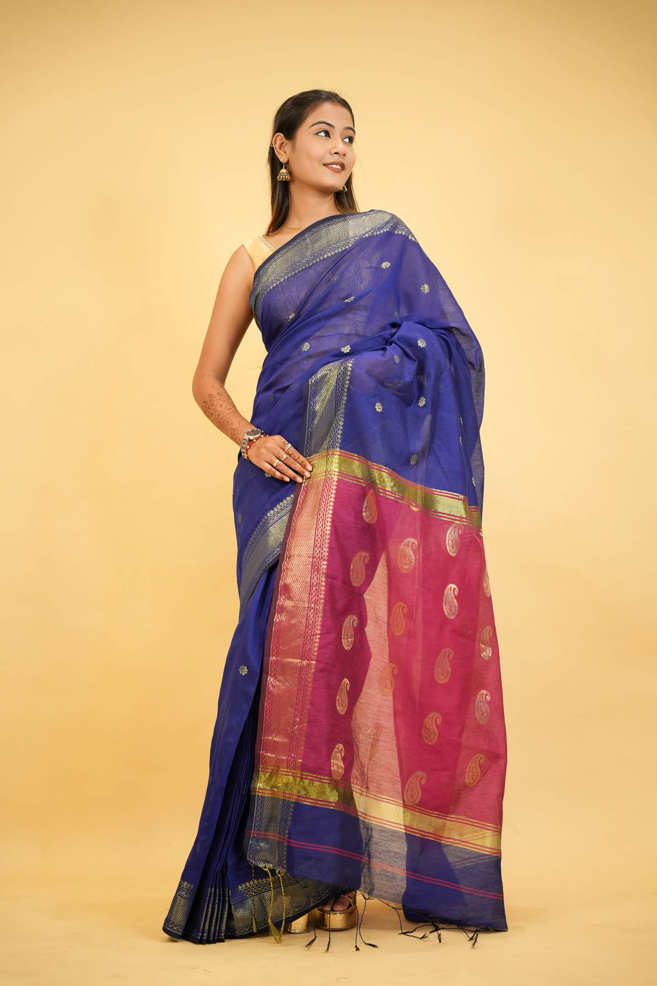 Cotton Silk with Combination of Blue and Pink in golden accents & Maheshwari pattern Wrap in 1 Minute Saree
