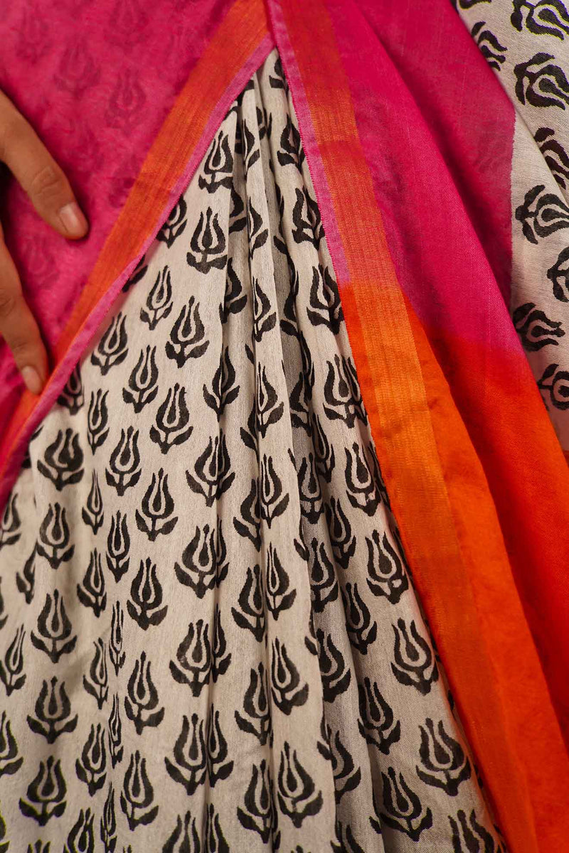 Ready to wear Handblock Printed With Pink & Orange Pallu one minute ready made saree and readymade blouse - Isadora Life