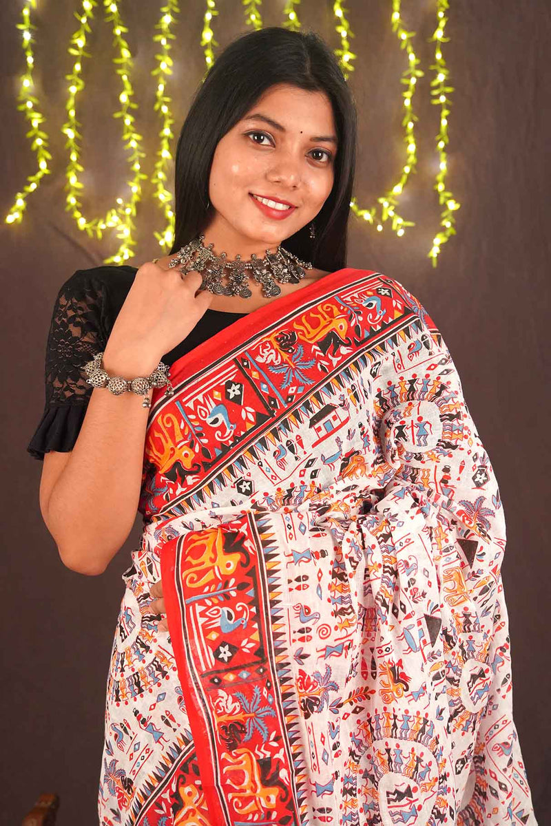 Ready to wear Warli Art Printed over all  cotton one minute ready made saree and readymade blouse - Isadora Life