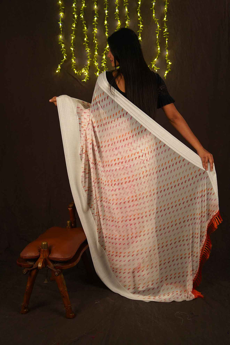 Ready to wear White & Orange Digital Over all Printed one minute ready made saree and readymade blouse - Isadora Life