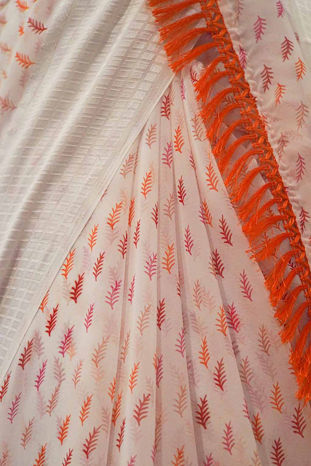 Ready to wear White & Orange Digital Over all Printed one minute ready made saree and readymade blouse - Isadora Life