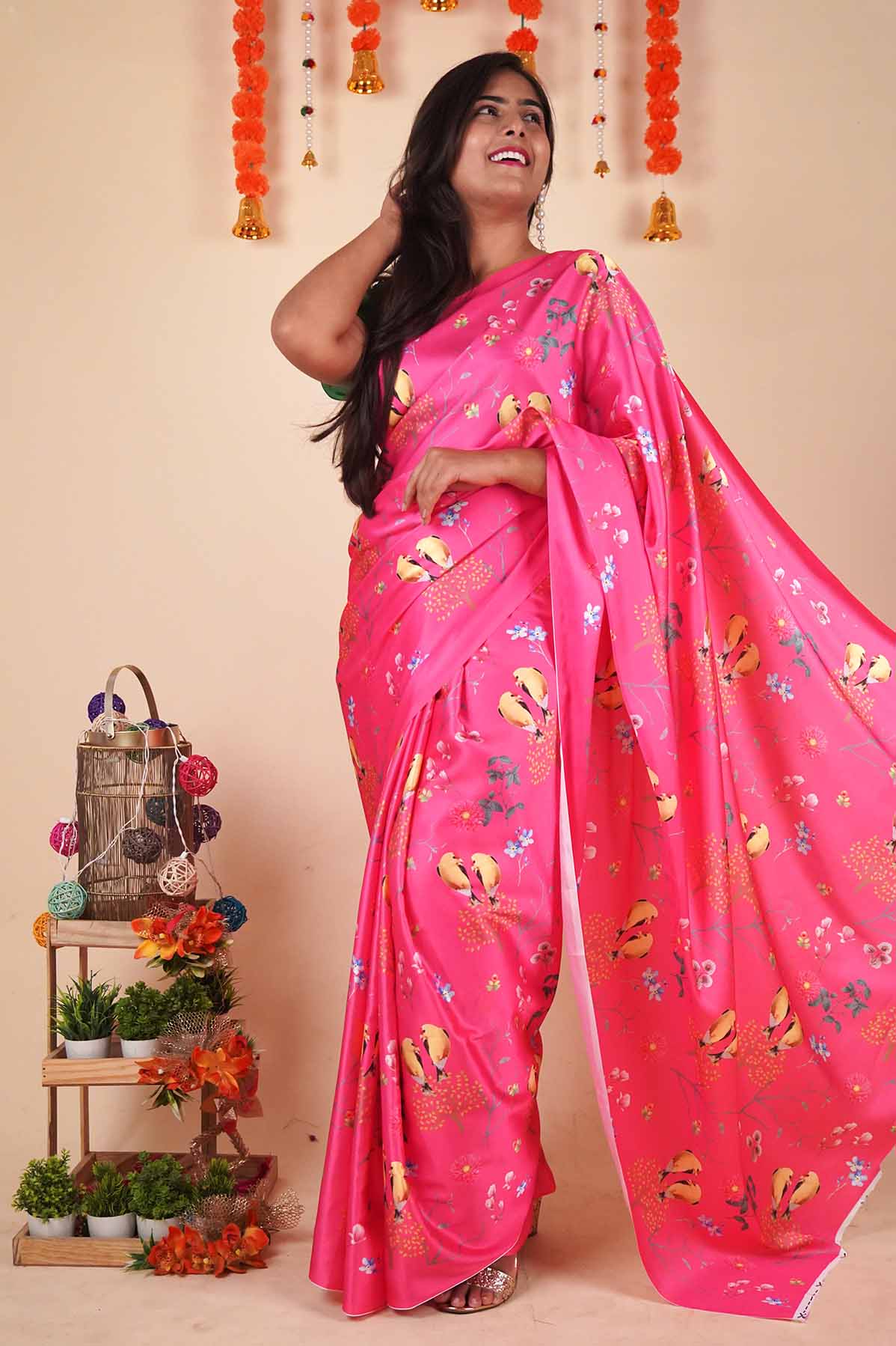 Ready To Wear Floss Japan Satin pink Floral Printed   Wrap in 1 minute saree - Isadora Life