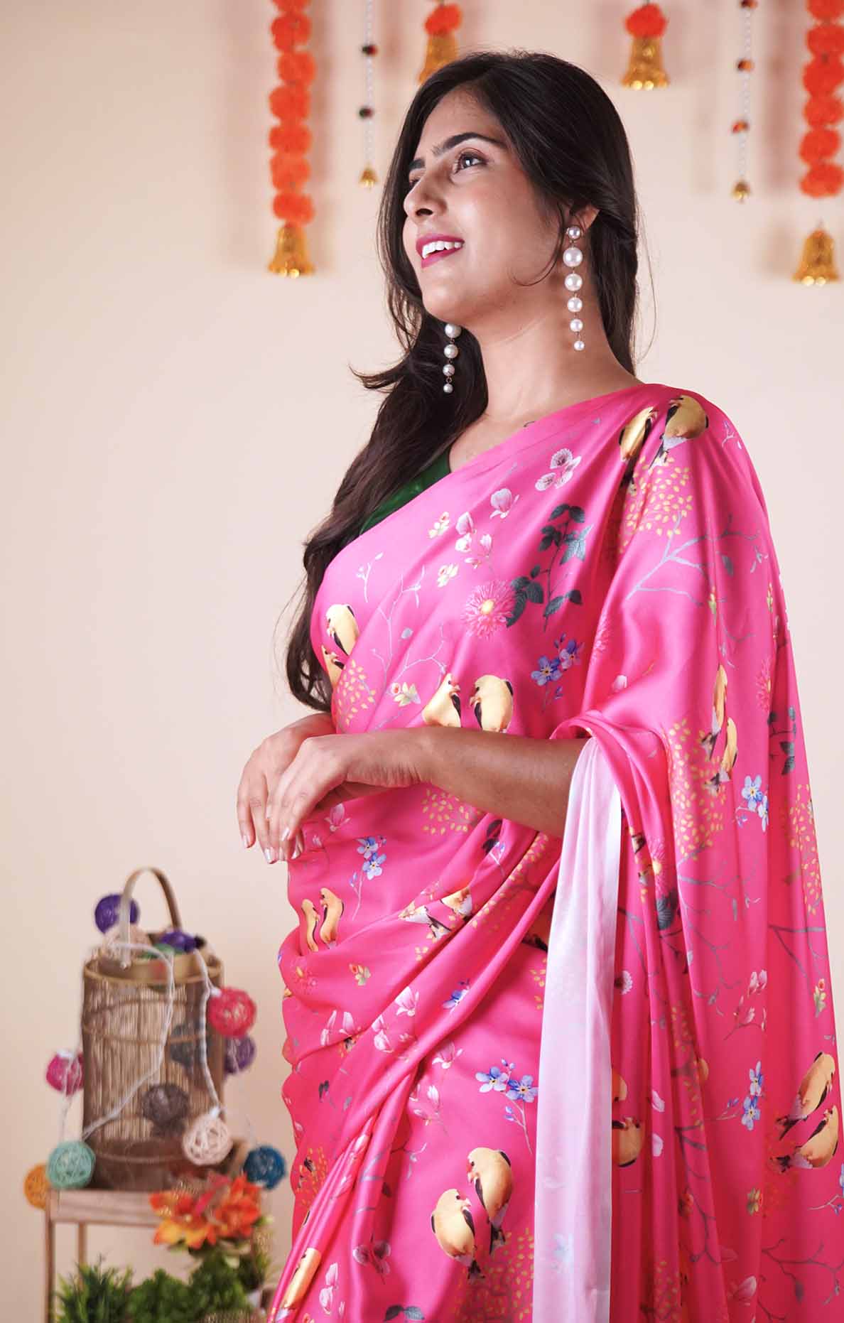 Ready To Wear Floss Japan Satin pink Floral Printed   Wrap in 1 minute saree - Isadora Life