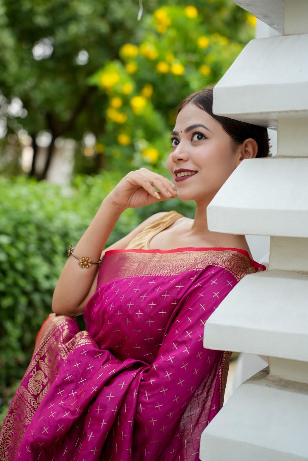 Festive Pink Kanjeevaram Zari Border With Butta Overall And Tassels On Pallu Wrap in 1 minute saree