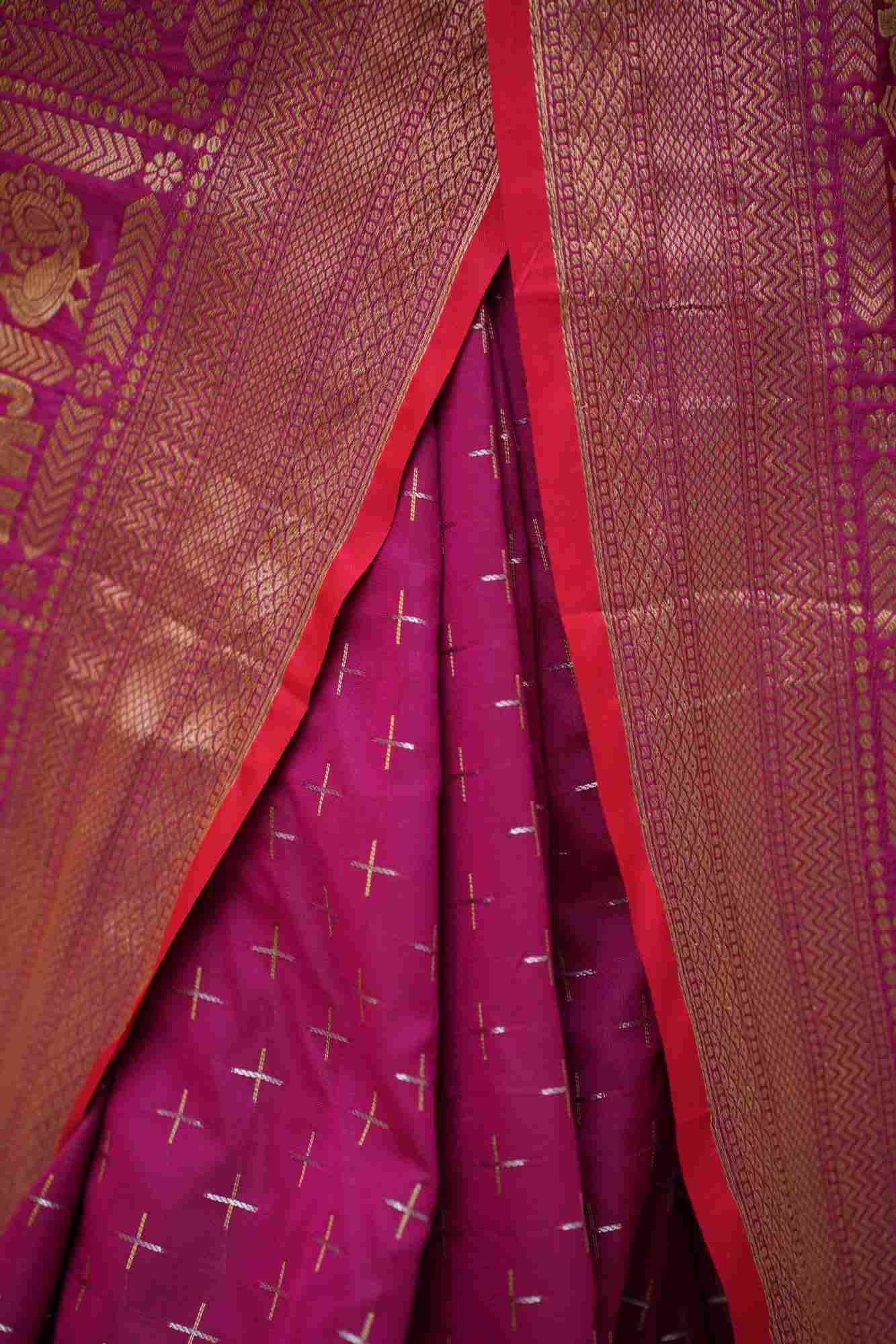 Festive Pink Kanjeevaram Zari Border With Butta Overall And Tassels On Pallu Wrap in 1 minute saree