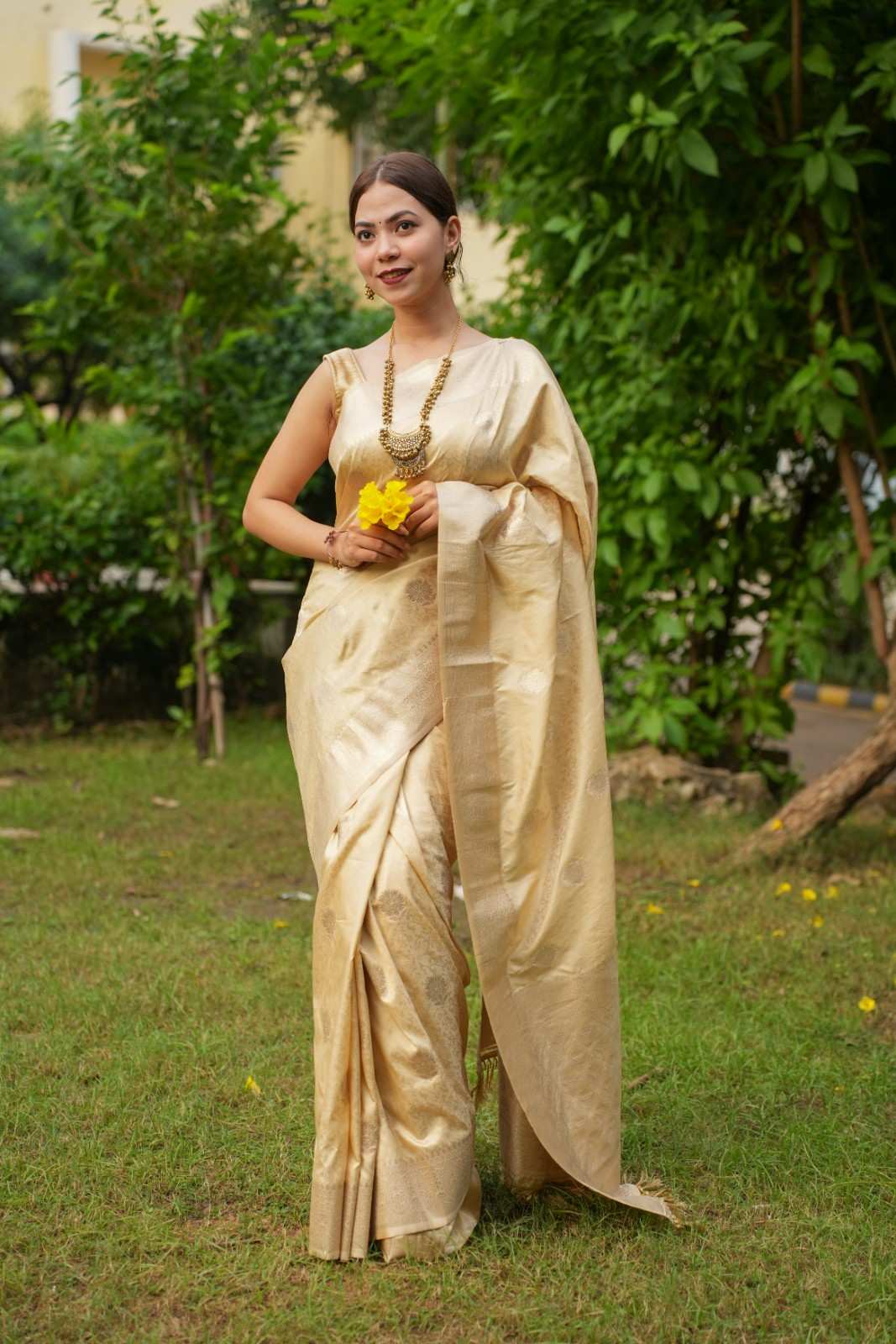 Beige Kanjivaram Soft Silk With Golden Zari Motif & Tassels On Palla Ready To Wear Saree