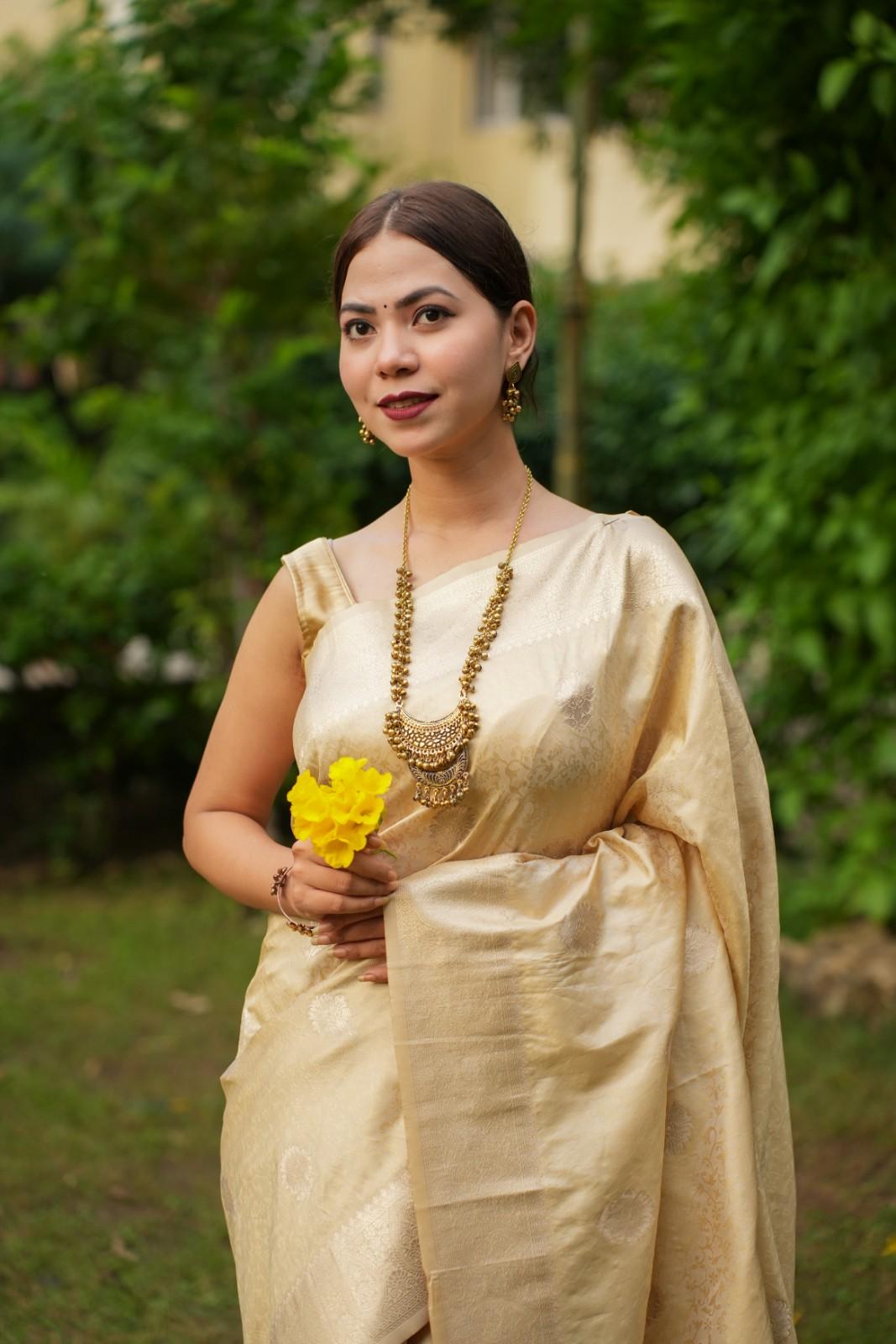 Beige Kanjivaram Soft Silk With Golden Zari Motif & Tassels On Palla Ready To Wear Saree