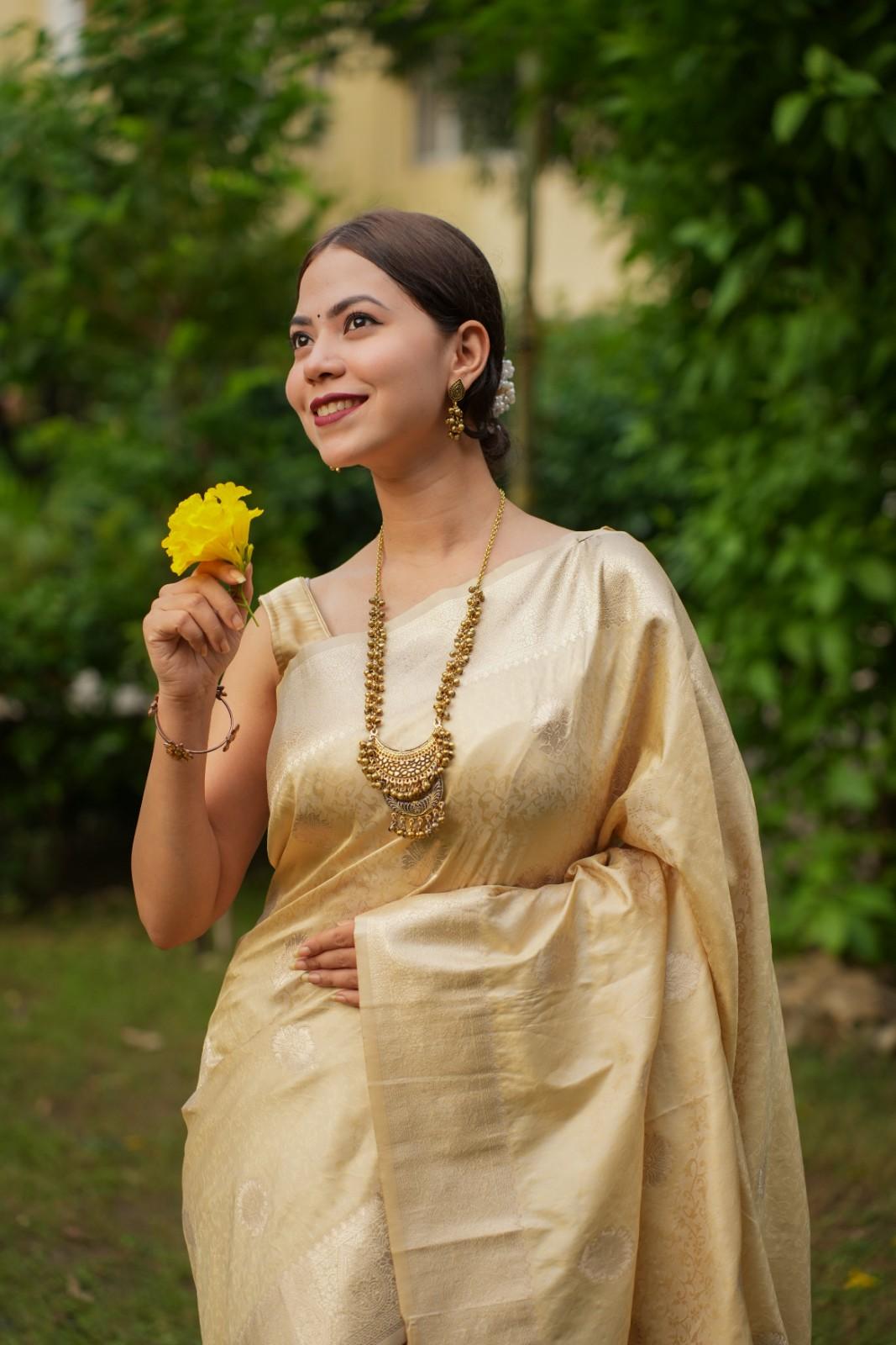 Beige Kanjivaram Soft Silk With Golden Zari Motif & Tassels On Palla Ready To Wear Saree