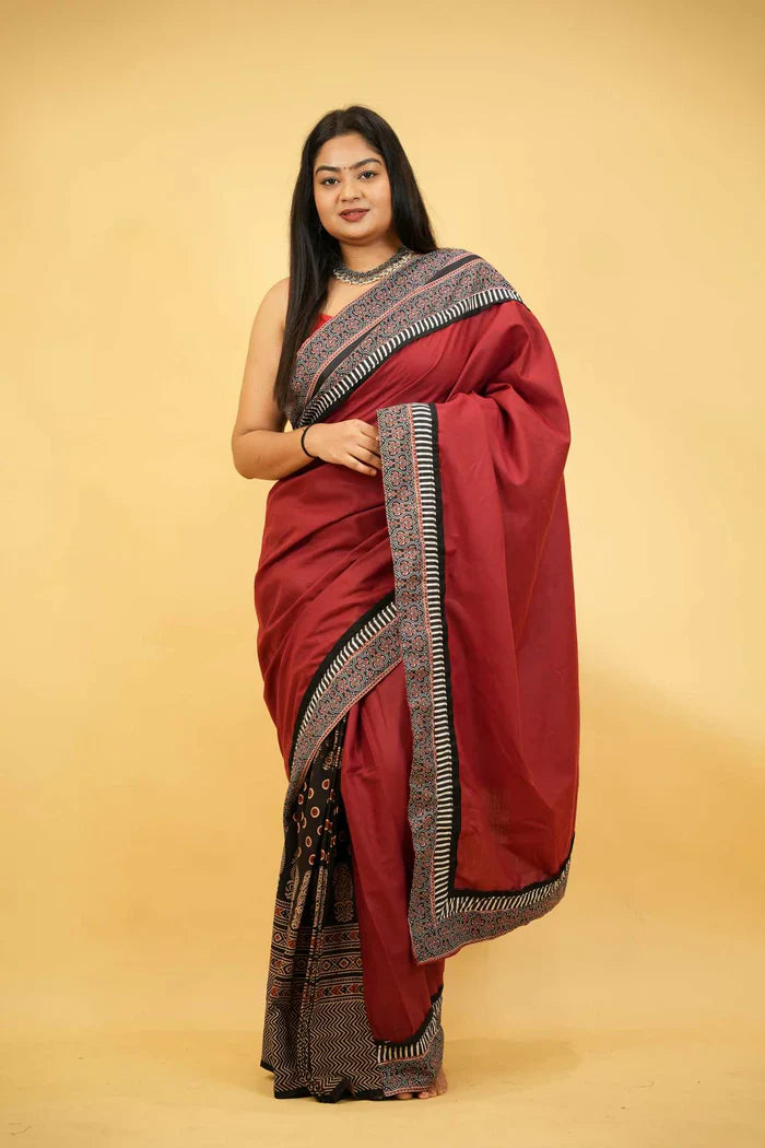 Red & Black Ajrakh Cotton with Rust-Toned Border Ready To Wear Saree