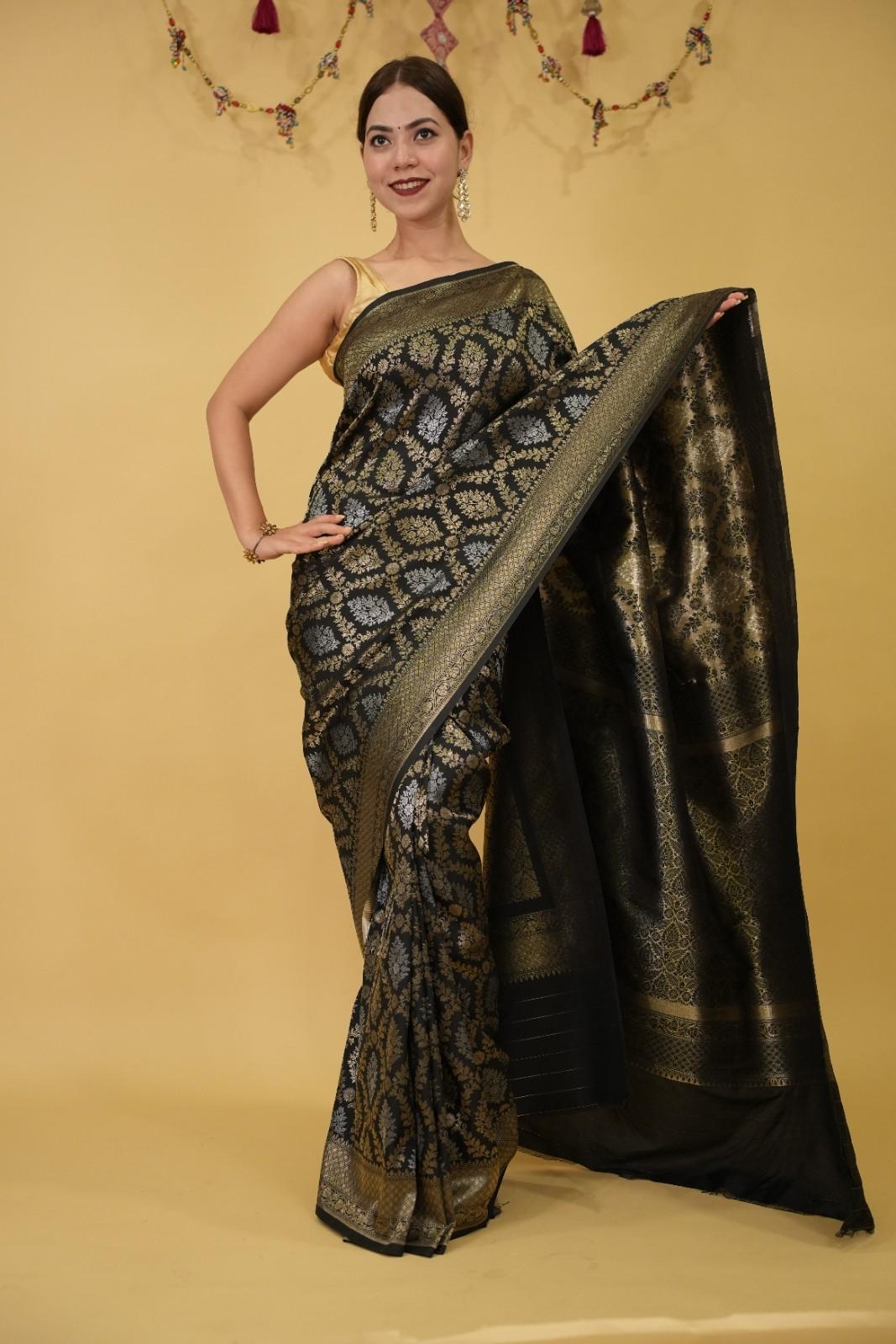 Nita Ambani Inspired Banarasi Zari Jaal Woven Over All With Detailed Border Ready To Wear Saree