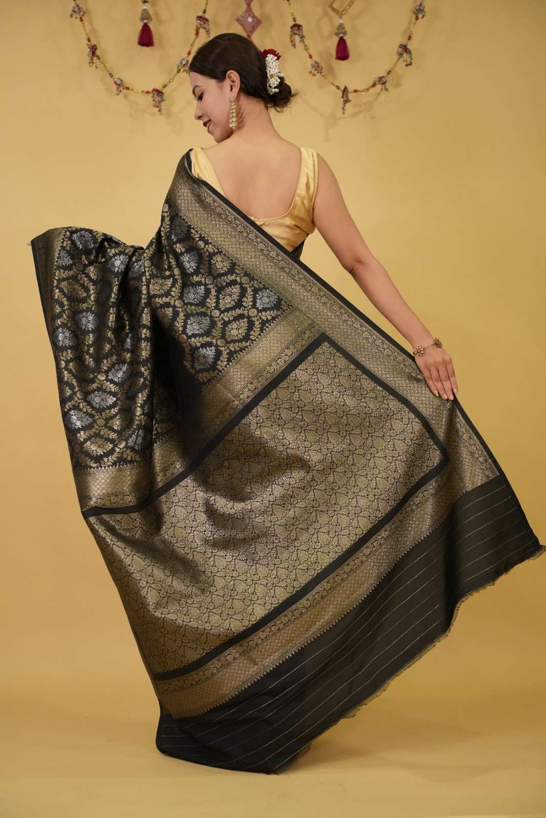 Nita Ambani Inspired Banarasi Zari Jaal Woven Over All With Detailed Border Ready To Wear Saree