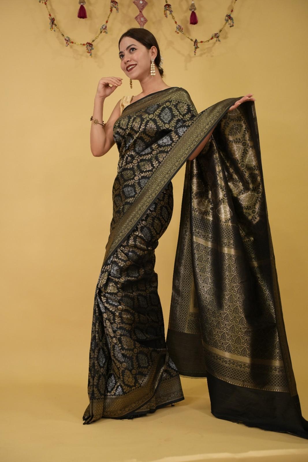 Nita Ambani Inspired Banarasi Zari Jaal Woven Over All With Detailed Border Ready To Wear Saree