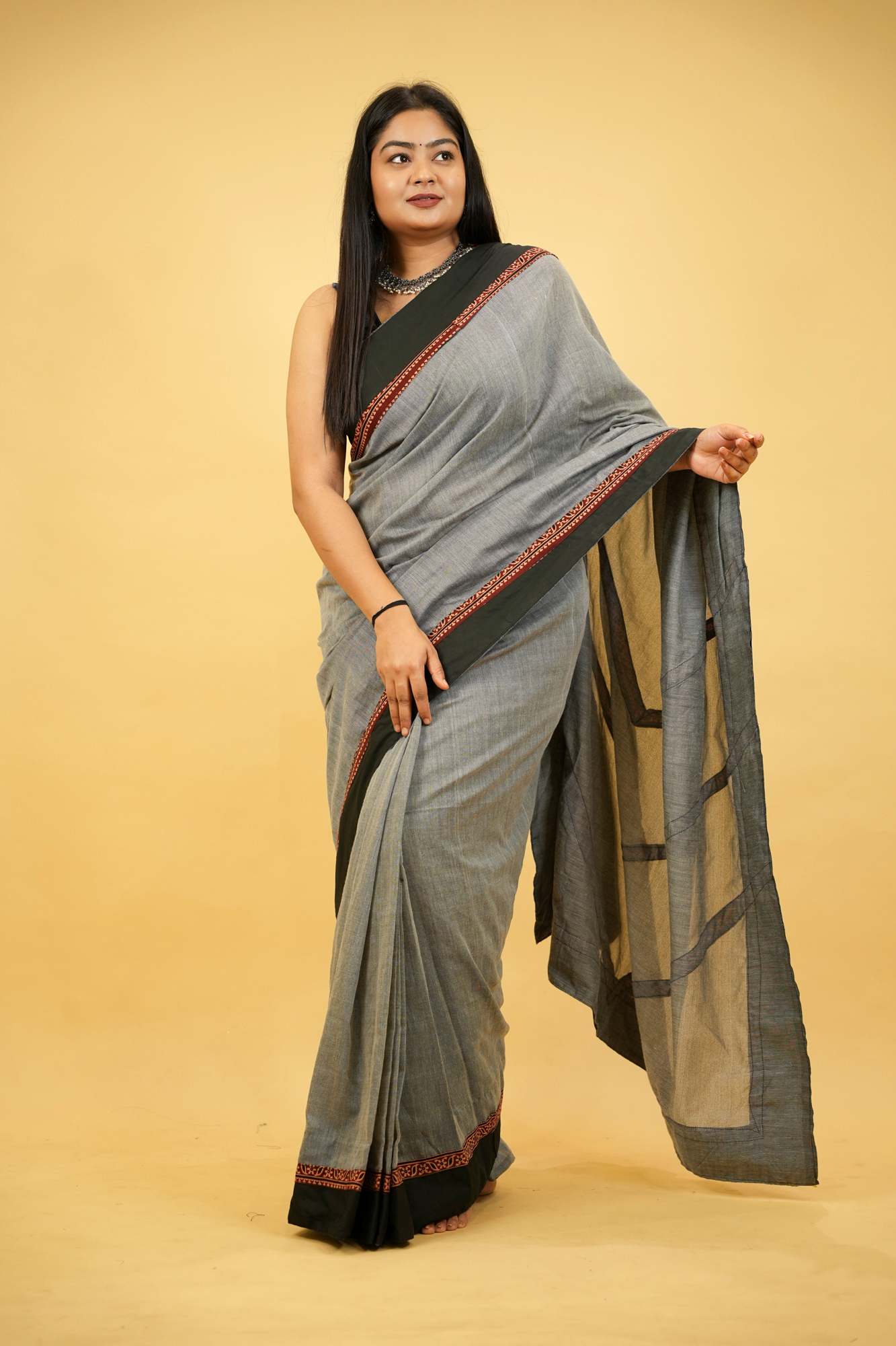 Khadi Cotton with Vegetable Dyed Ajrakh Border Ready To Wear Saree