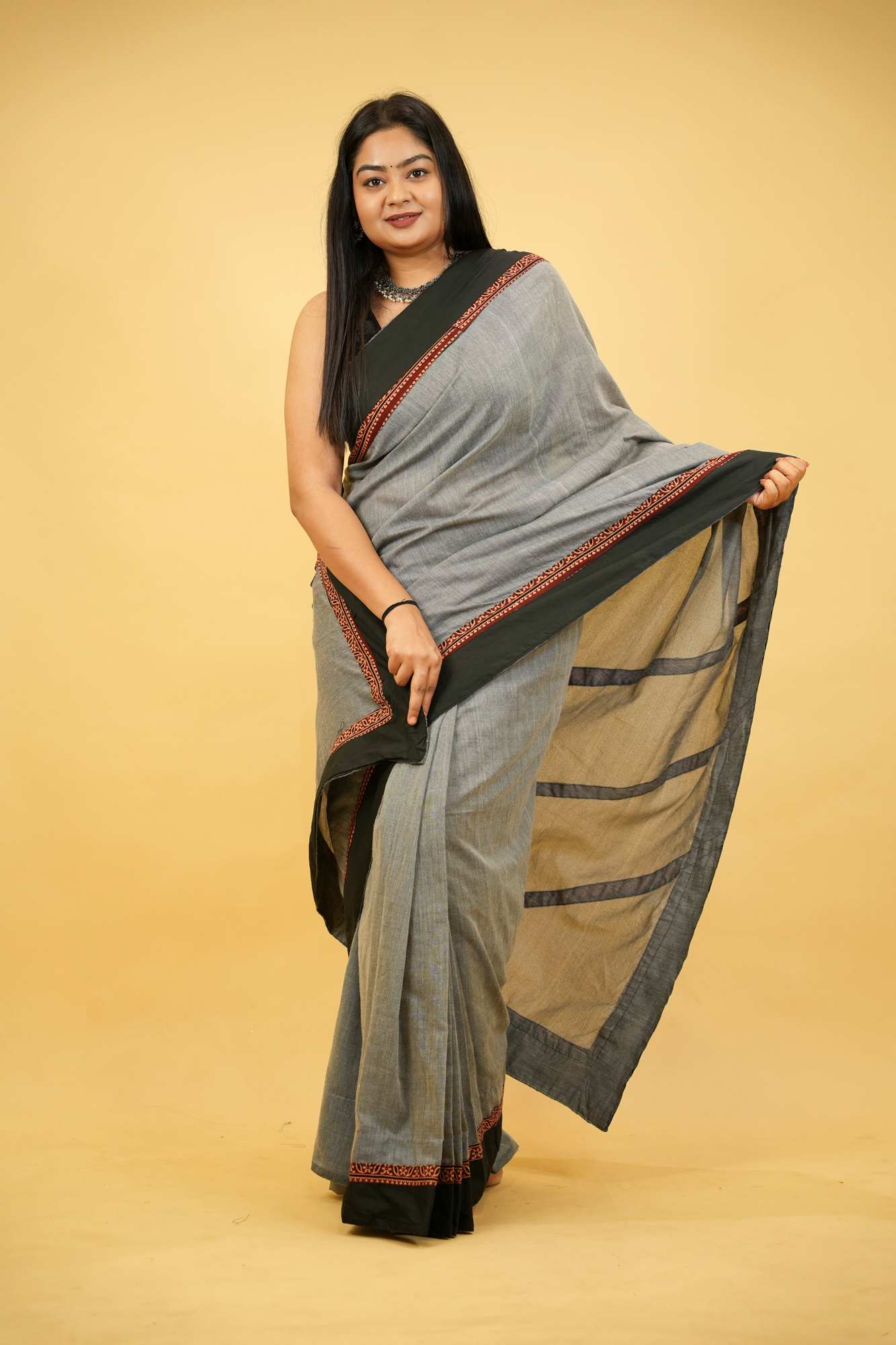 Khadi Cotton with Vegetable Dyed Ajrakh Border Ready To Wear Saree
