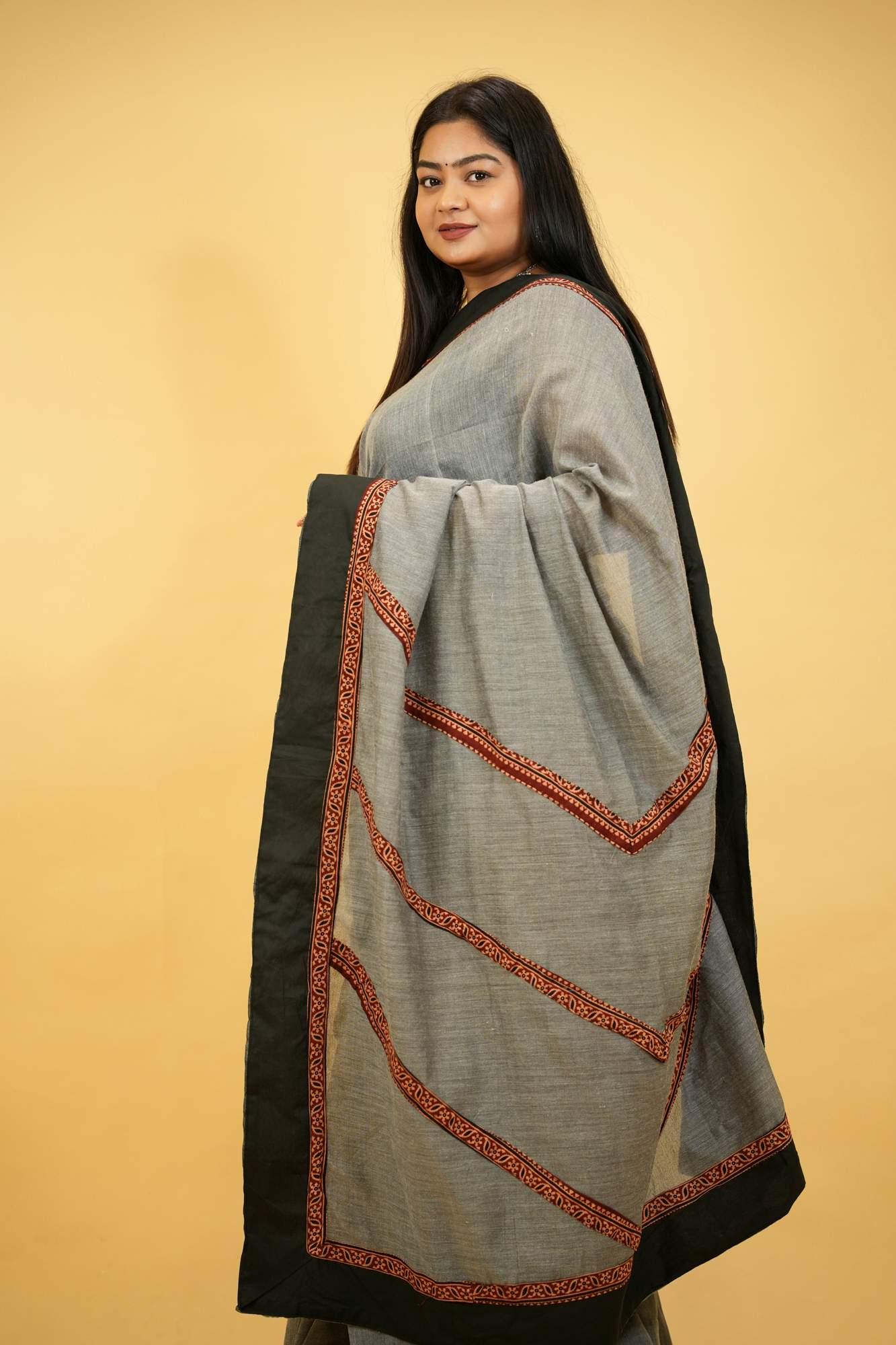 Khadi Cotton with Vegetable Dyed Ajrakh Border Ready To Wear Saree