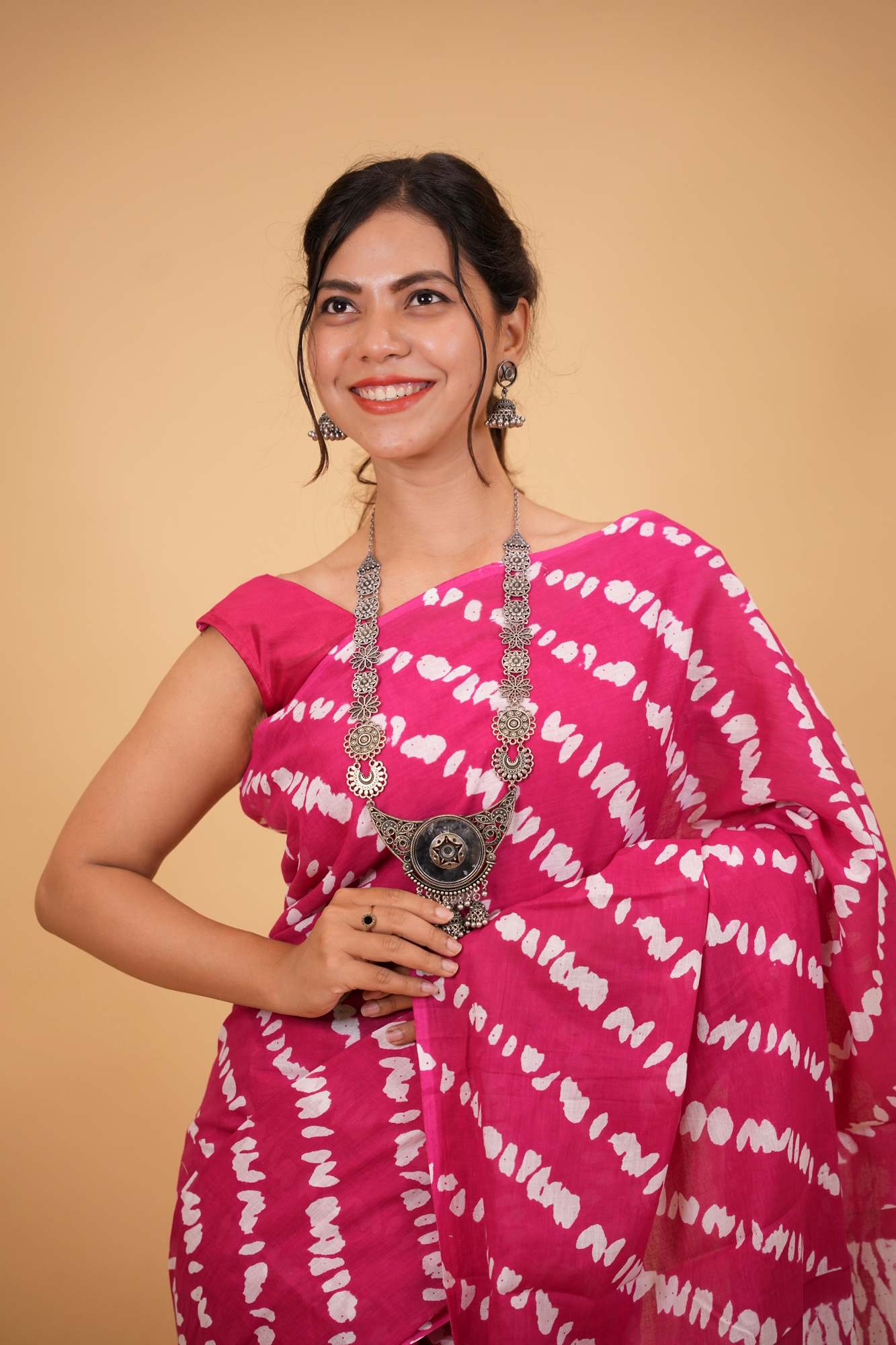 Mulmul Cotton Jaipuri pink with White lehariya Ready to wear Saree