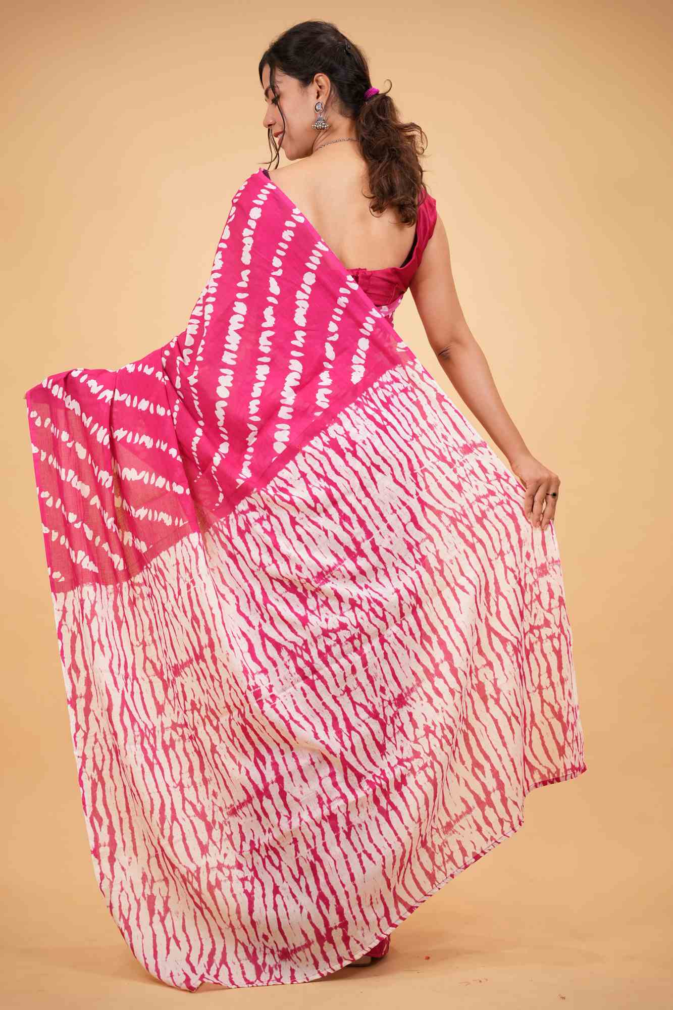 Mulmul Cotton Jaipuri pink with White lehariya Ready to wear Saree