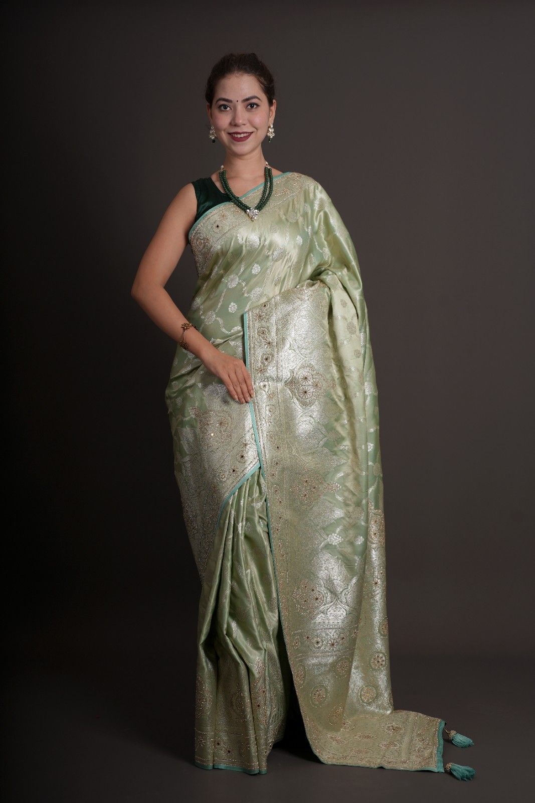 Karwachauth Special - Pista Green Premium Quality Silk With Heavily Intricated Stone Embellished Ready To Wear Saree