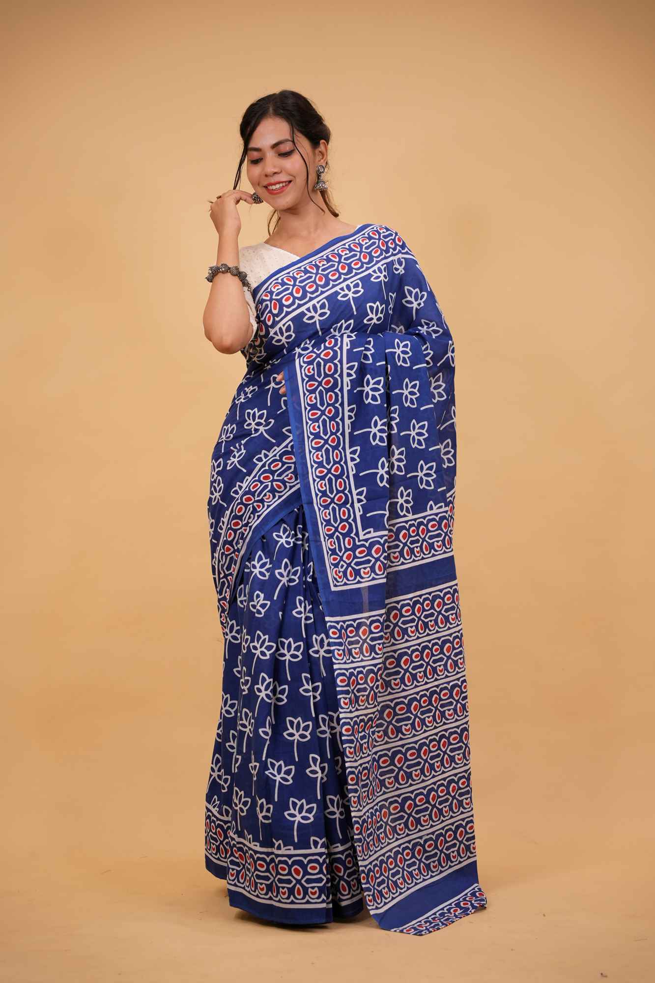 Mulmul Cotton JaipurI Indigo with Hand Block Printed Ready to wear Saree |  Isadora Life prestitched ready to wear one minute sarees for all sizes,  customised for height.