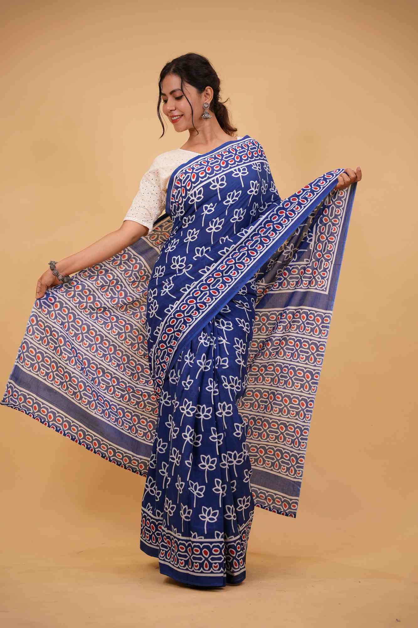 Mulmul Cotton JaipurI Indigo with Hand Block Printed Ready to wear Saree